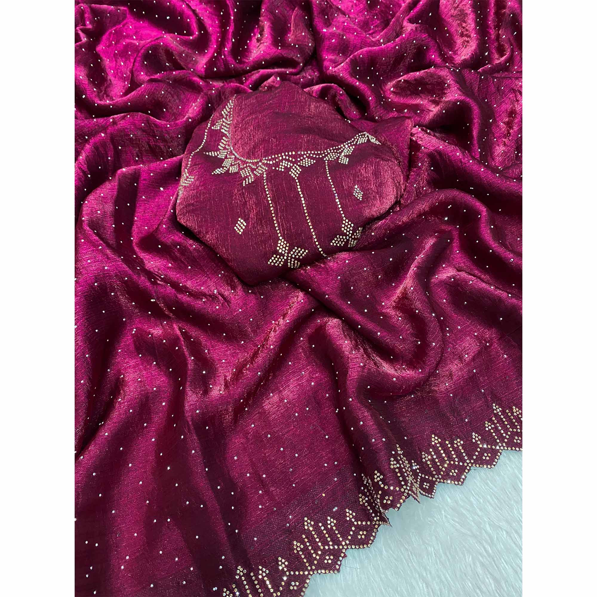 Wine Chiffon Saree Adorned with Sparkling Stone Work