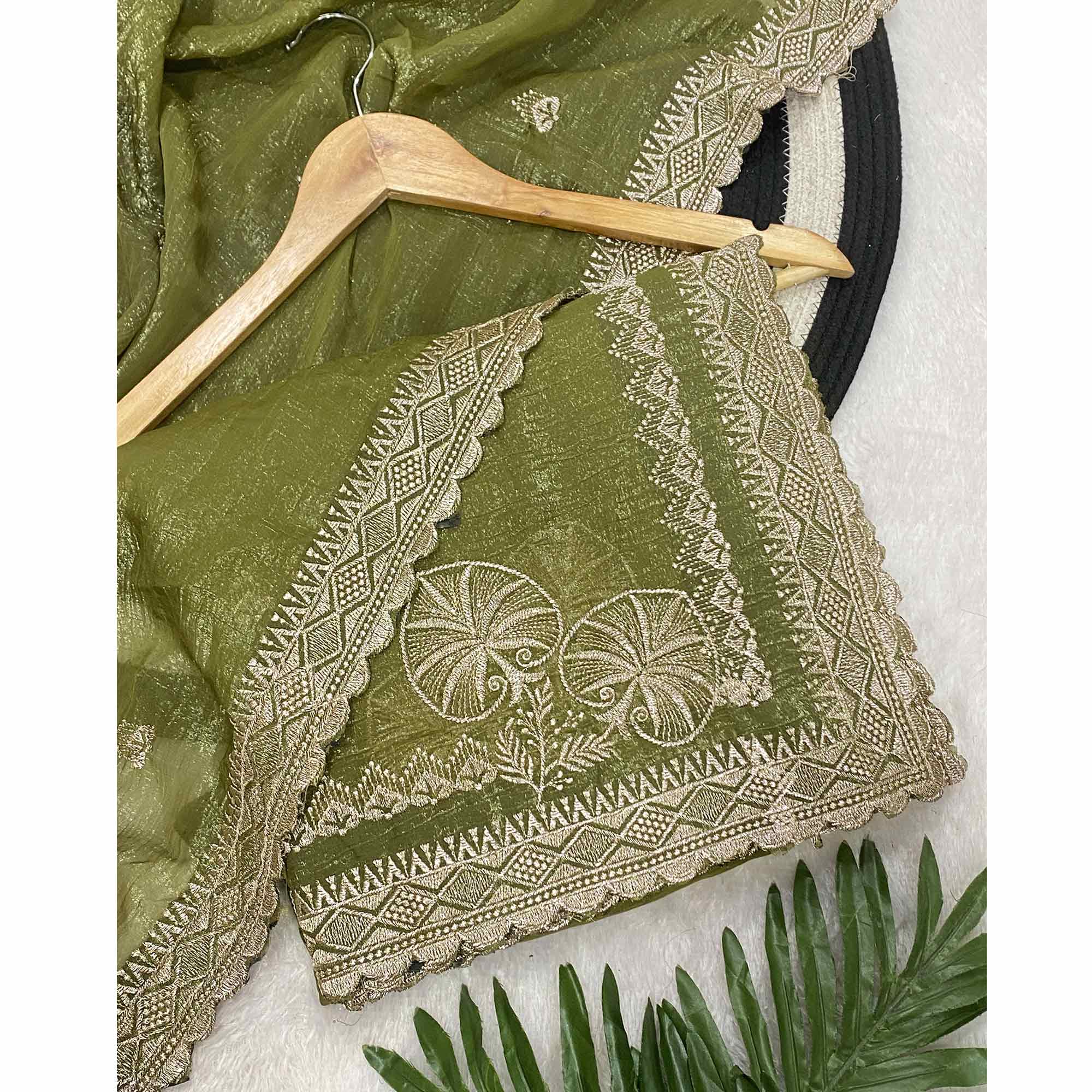 Green Thread Work Chiffon Silk Saree Premium Crunchy Texture Festive Wear