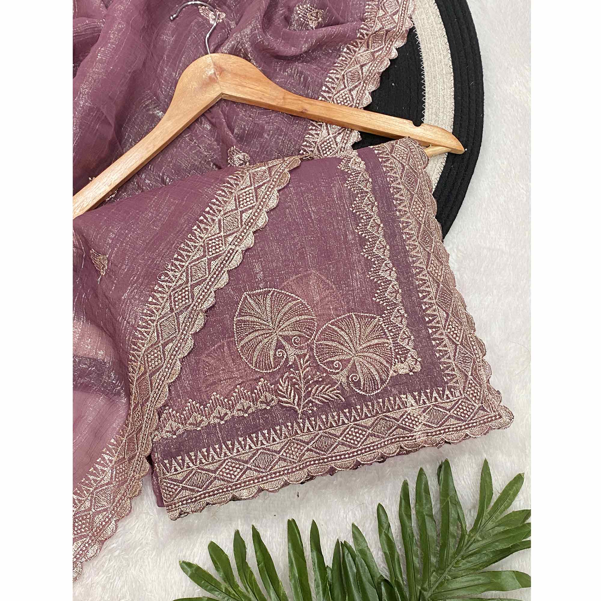 Purple Thread Work Chiffon Silk Saree Premium Crunchy Texture Festive Wear