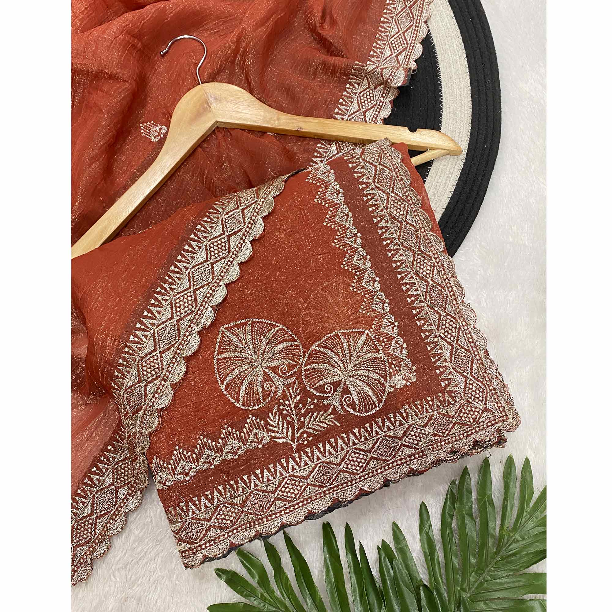 Rust Thread Work Chiffon Silk Saree Premium Crunchy Texture Festive Wear