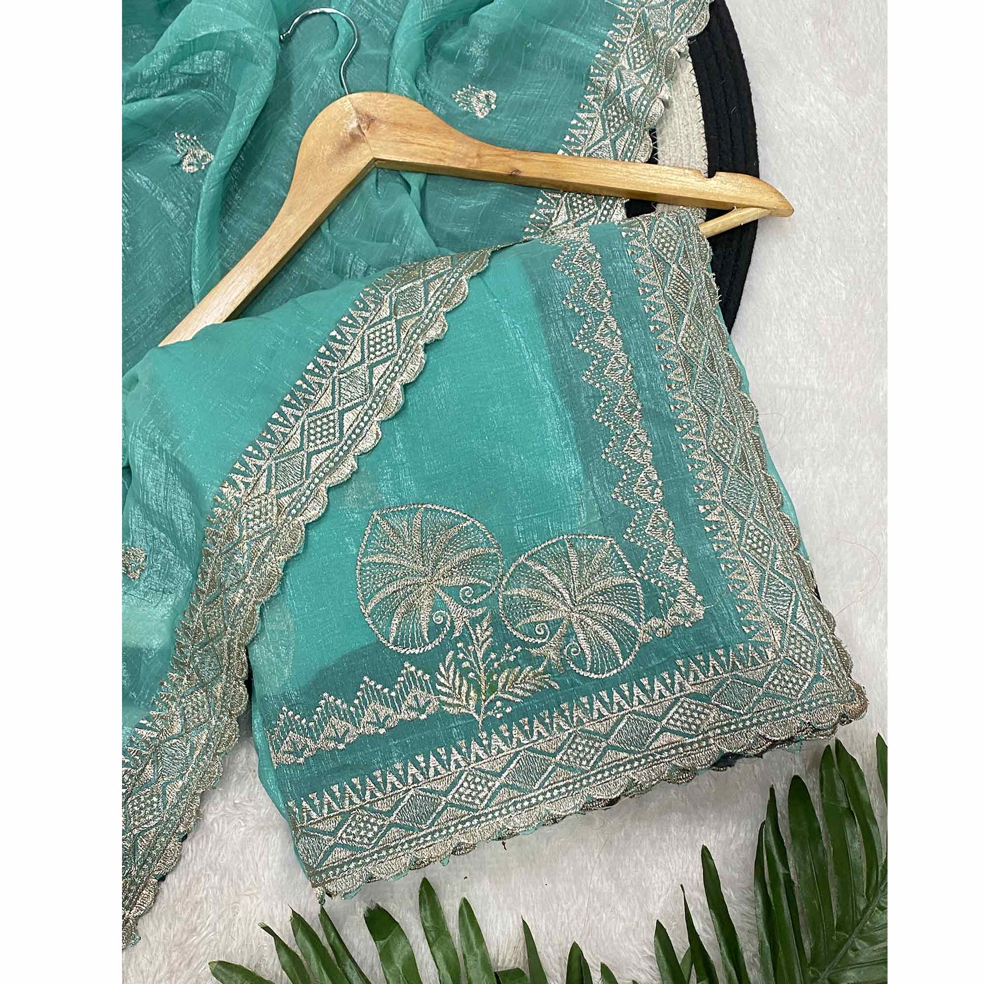 Turquoise Thread Work Chiffon Silk Saree Premium Crunchy Texture Festive Wear