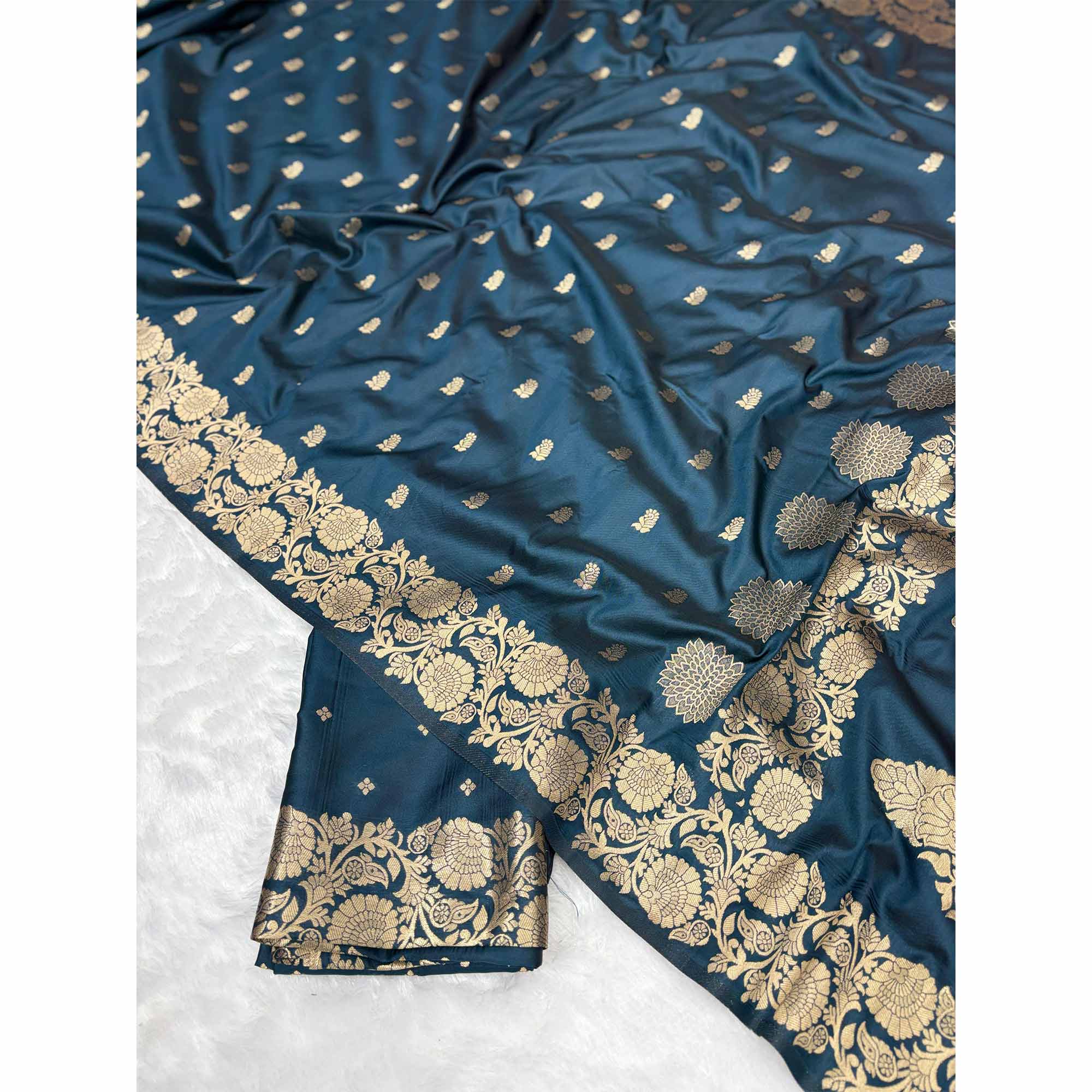 Dark Teal Banarasi Silk Saree with Traditional Weaving