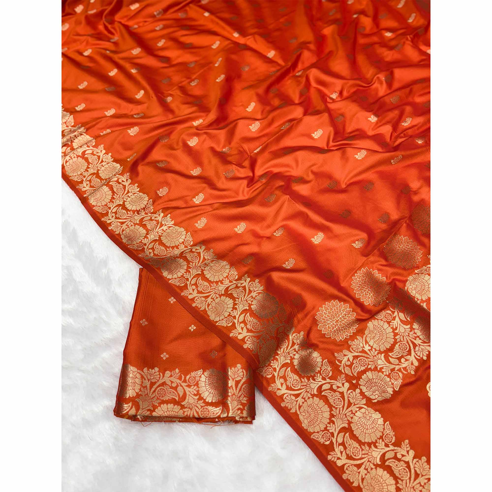 Orange Banarasi Silk Saree with Traditional Weaving