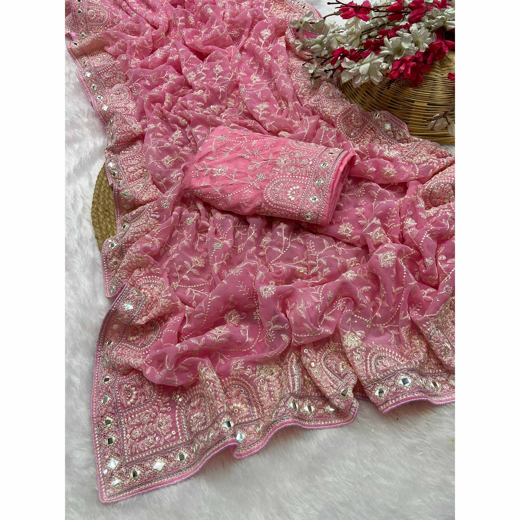 Baby Pink Floral Embroidered Georgette Saree With Sequin Highlights