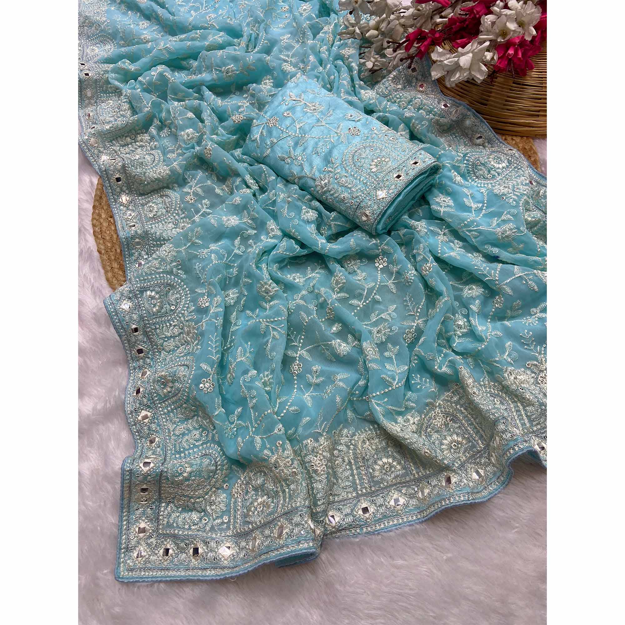 Blue Floral Embroidered Georgette Saree With Sequin Highlights