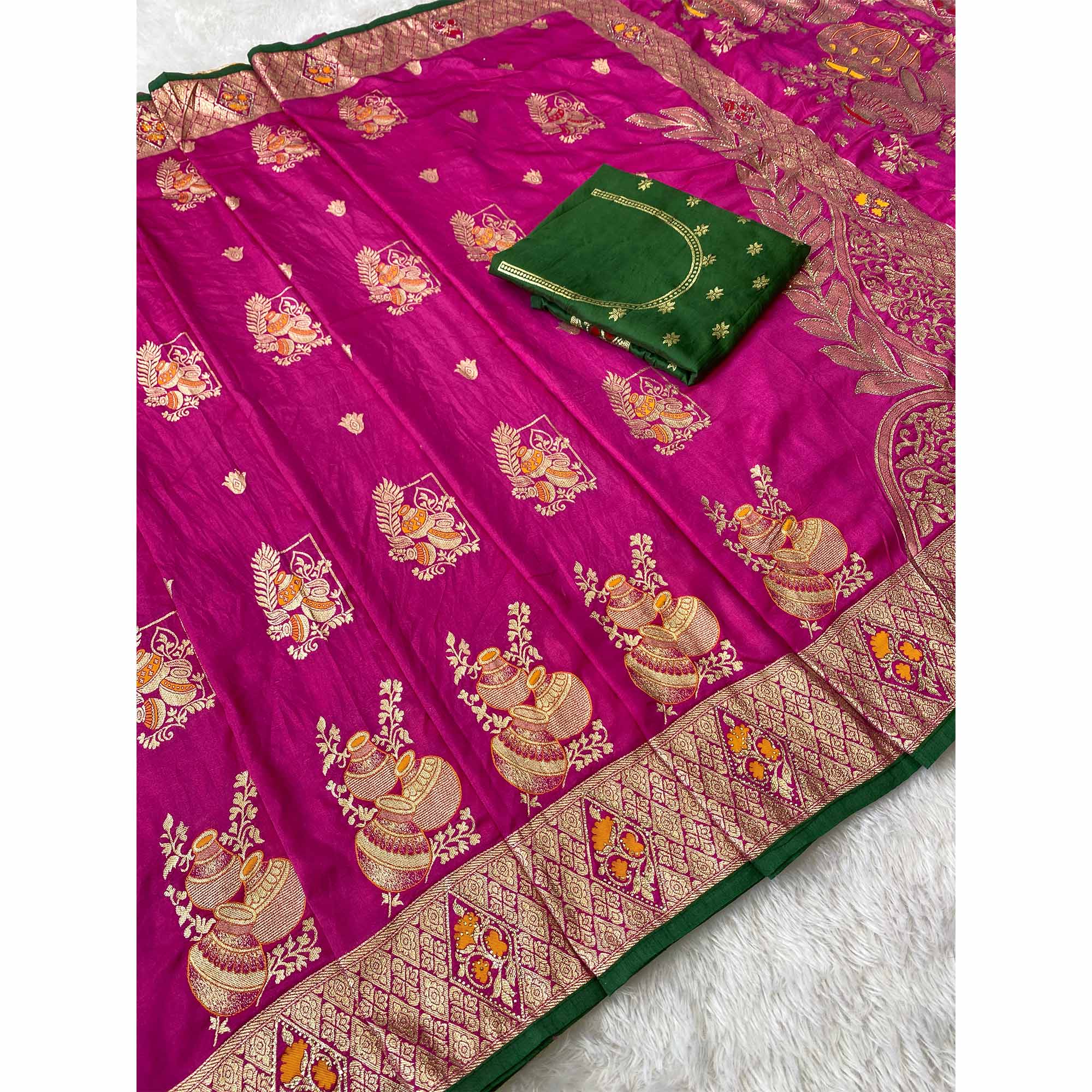 Rani Pink Dola Silk Saree With Intricate Floral Zari Weaving Elegance