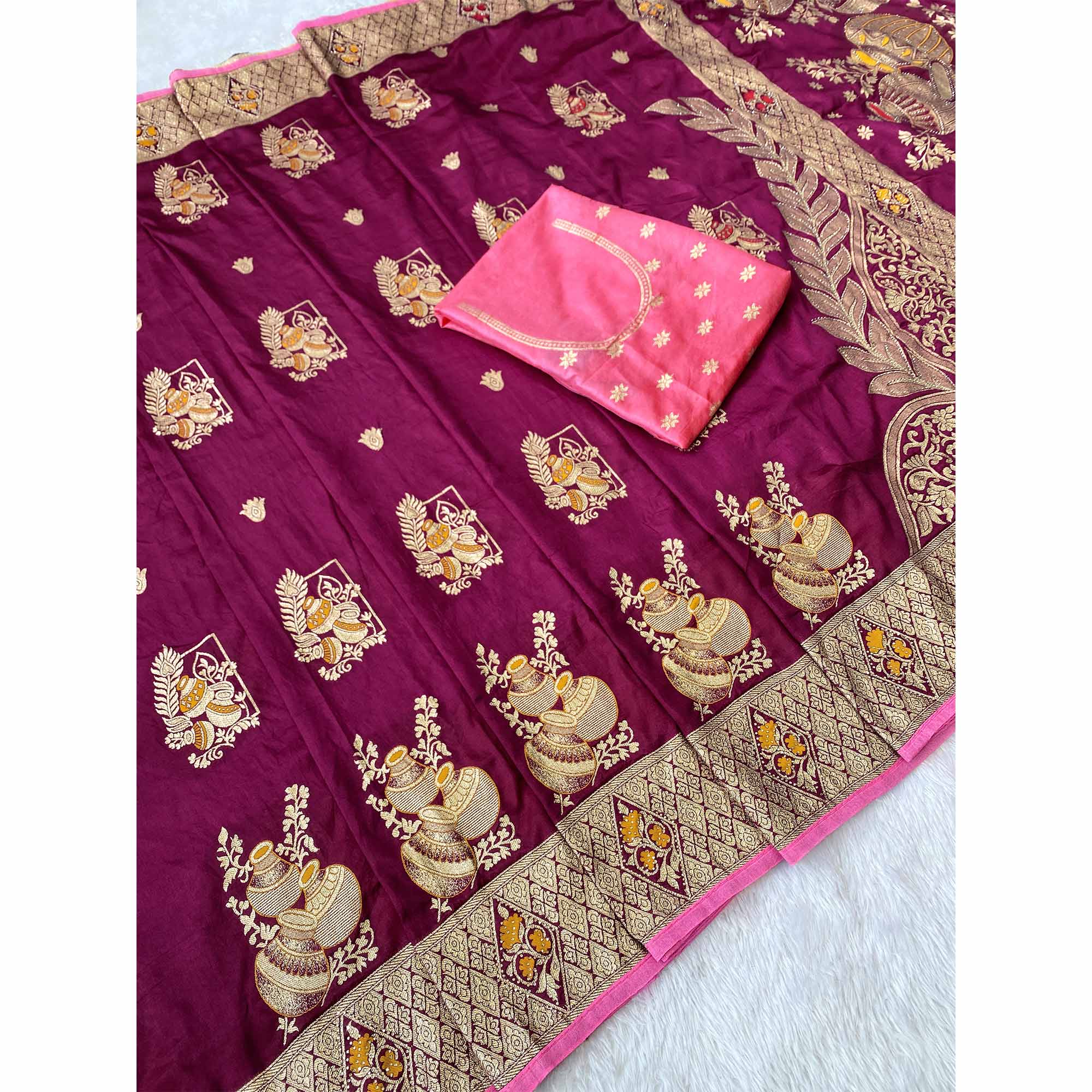 Wine Dola Silk Saree With Intricate Floral Zari Weaving Elegance