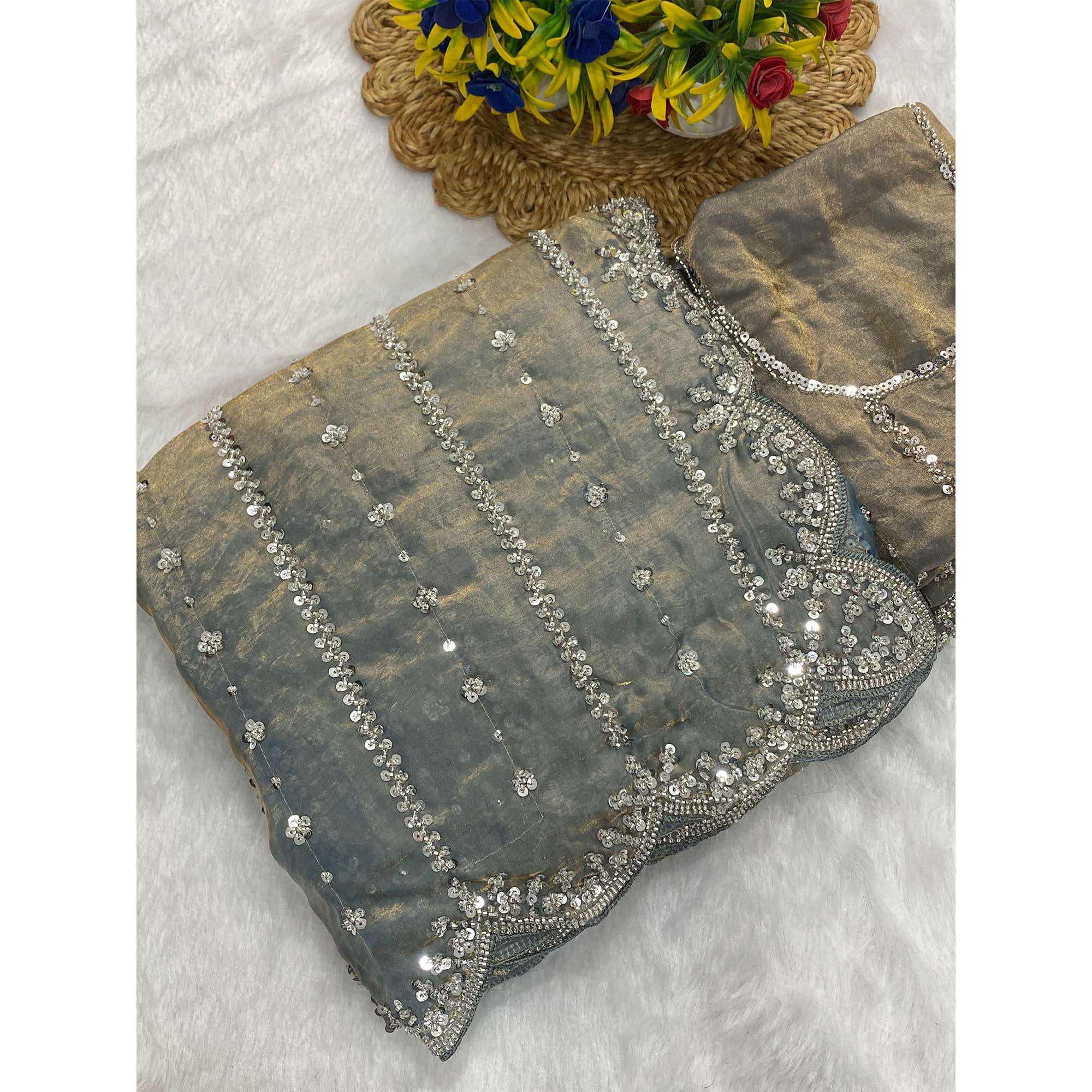 Grey Designer Satin Partywear Saree Enhanced with Sparkling Sequins Work