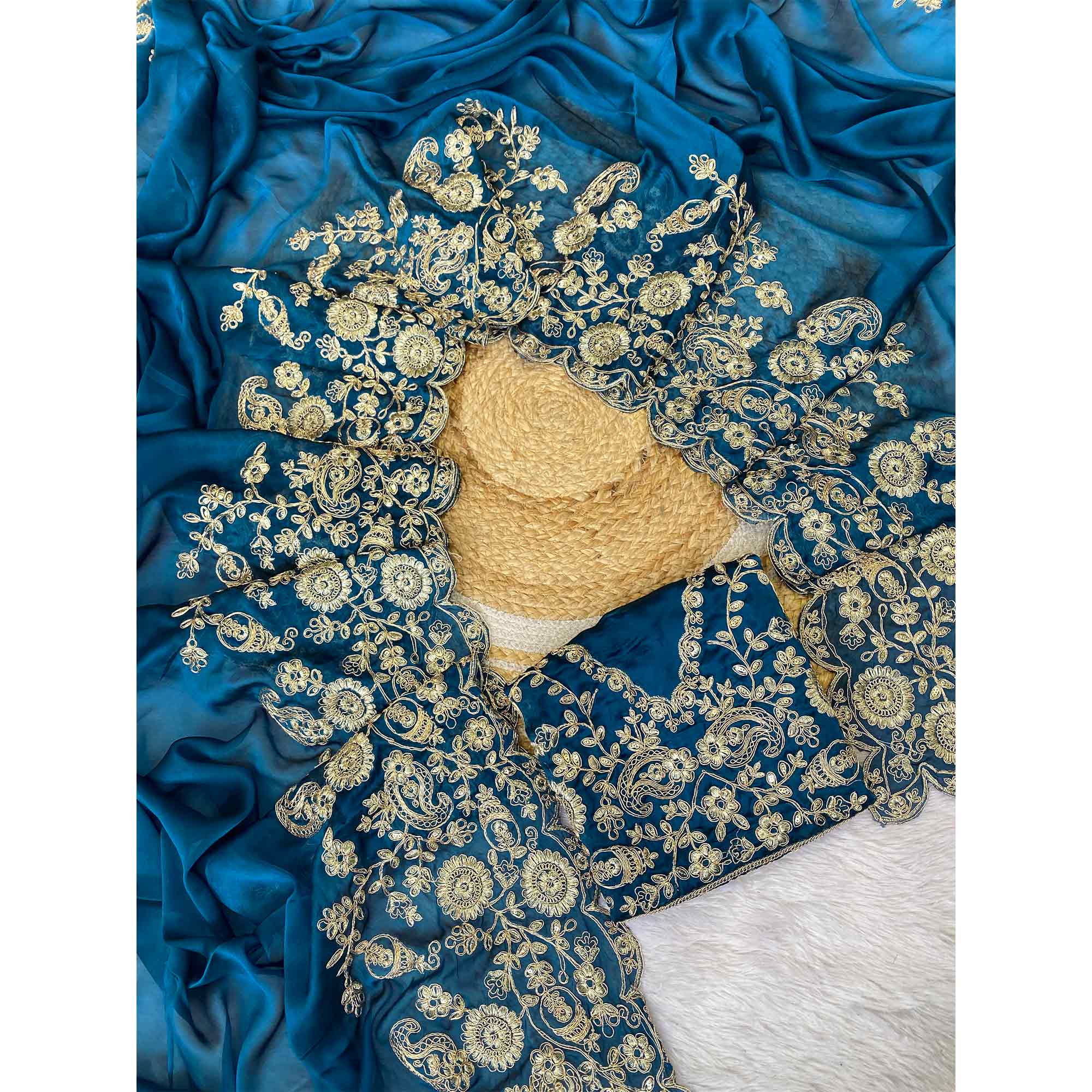 Blue Floral Cording Embroidered Saree With Sparkling Sequins On Satin Rangoli Fabric