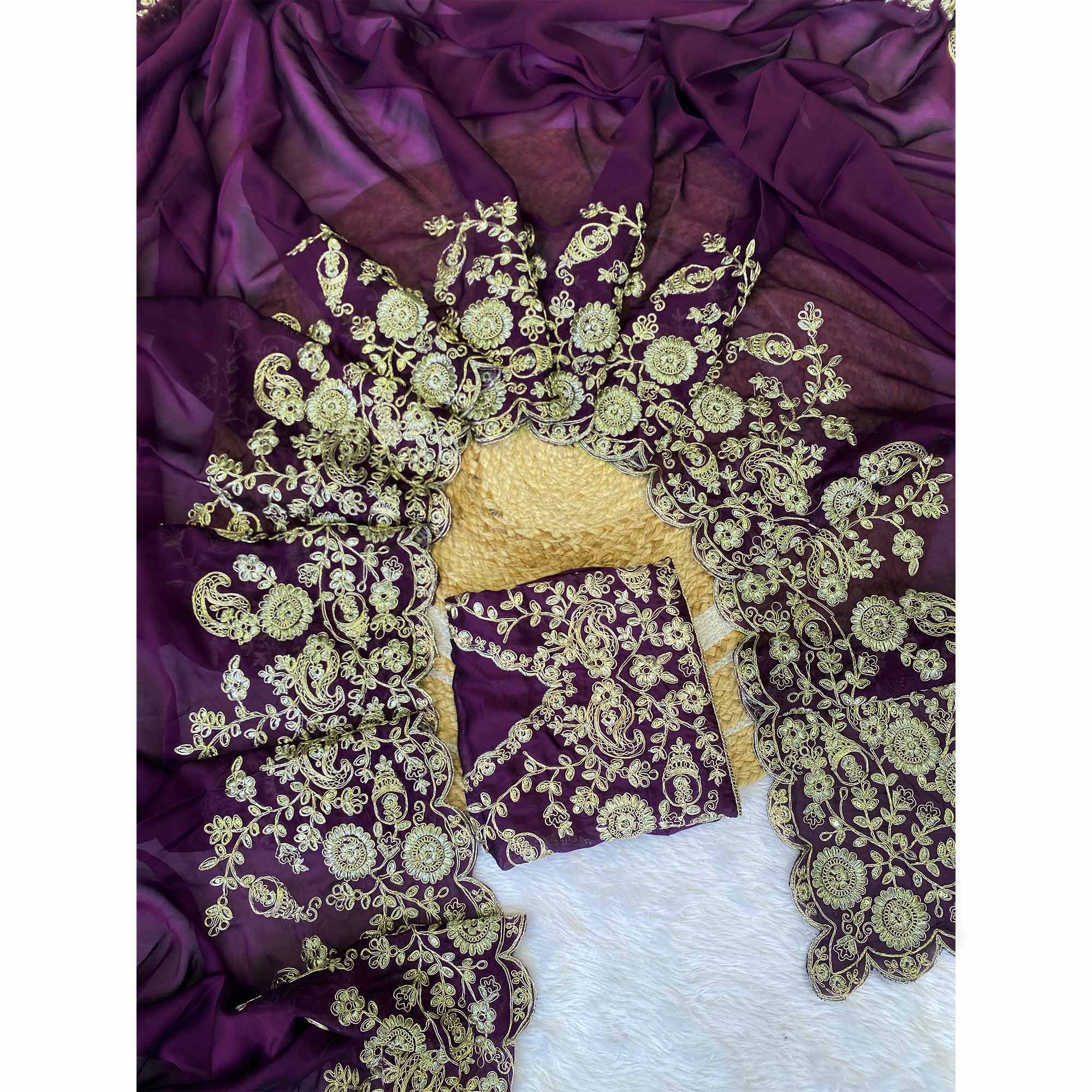 Purple Floral Cording Embroidered Saree With Sparkling Sequins On Satin Rangoli Fabric