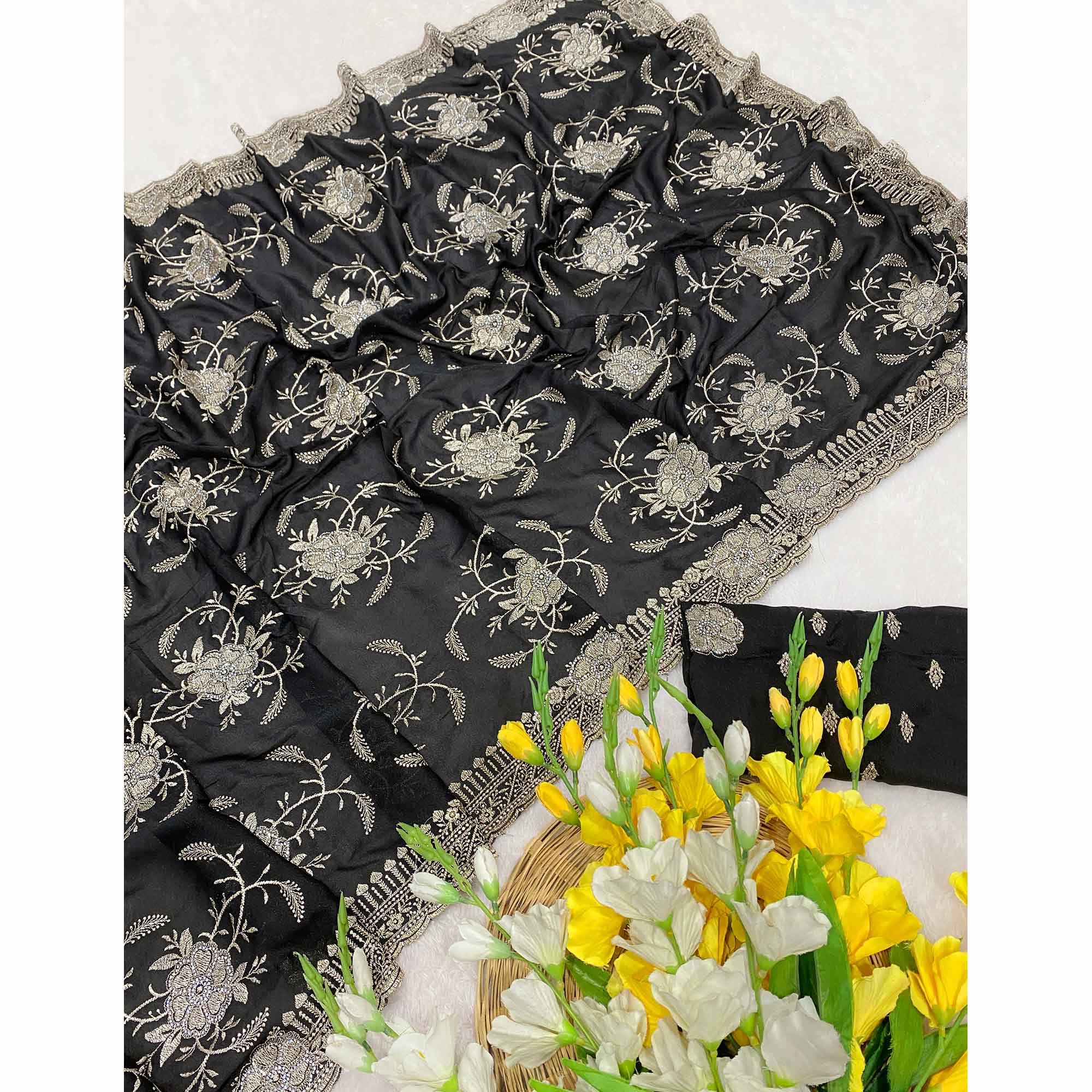 Black Georgette Saree Exquisite Star Embroidery Party Ready Ethnic