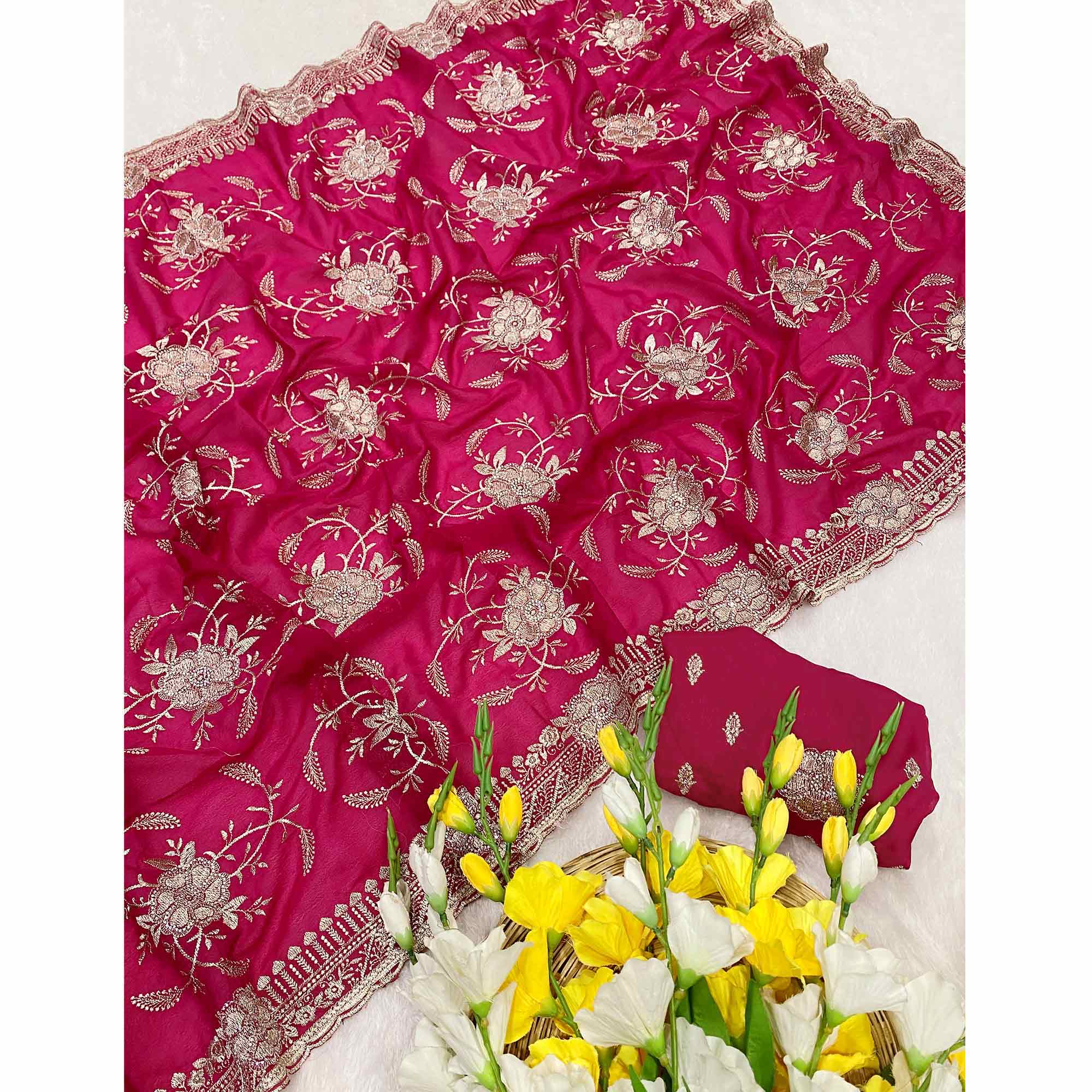 Pink Georgette Saree Exquisite Star Embroidery Party Ready Ethnic