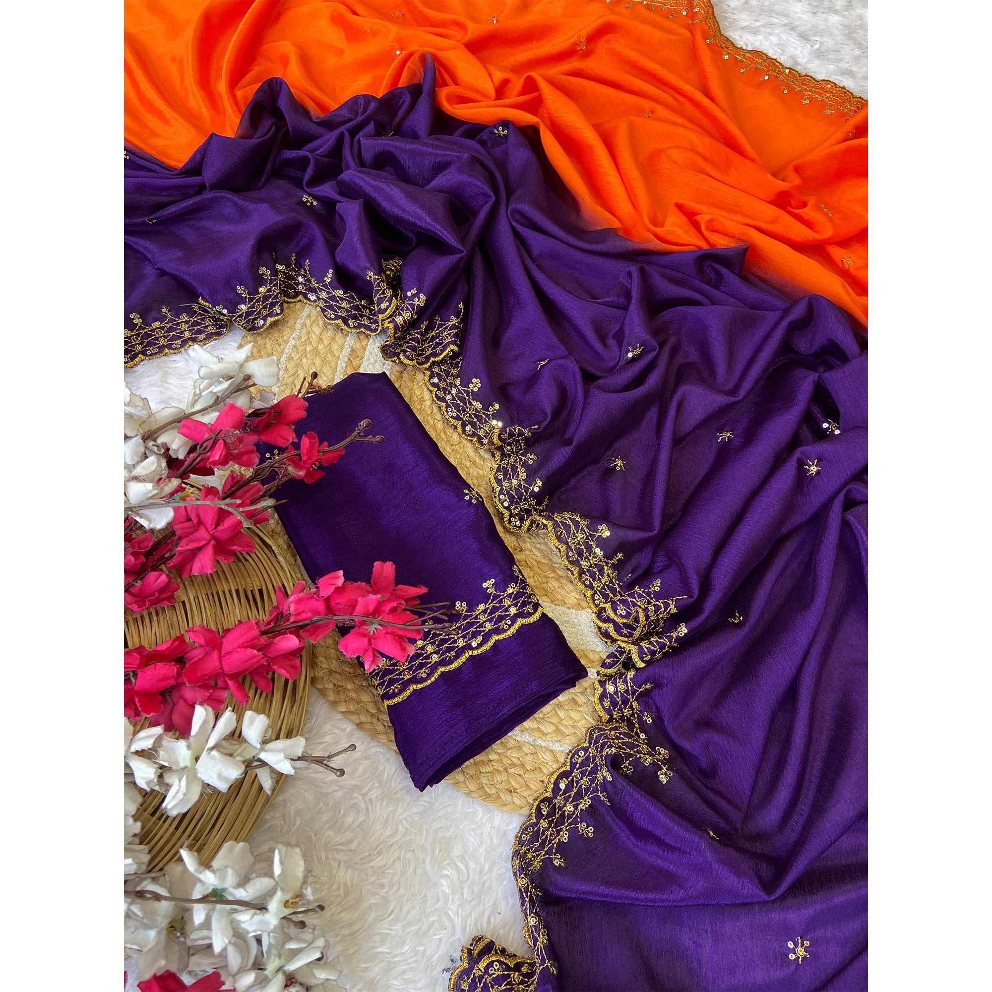 Purple & Orange Chinon Saree With Delicate Floral Sequins Work And Lace Border