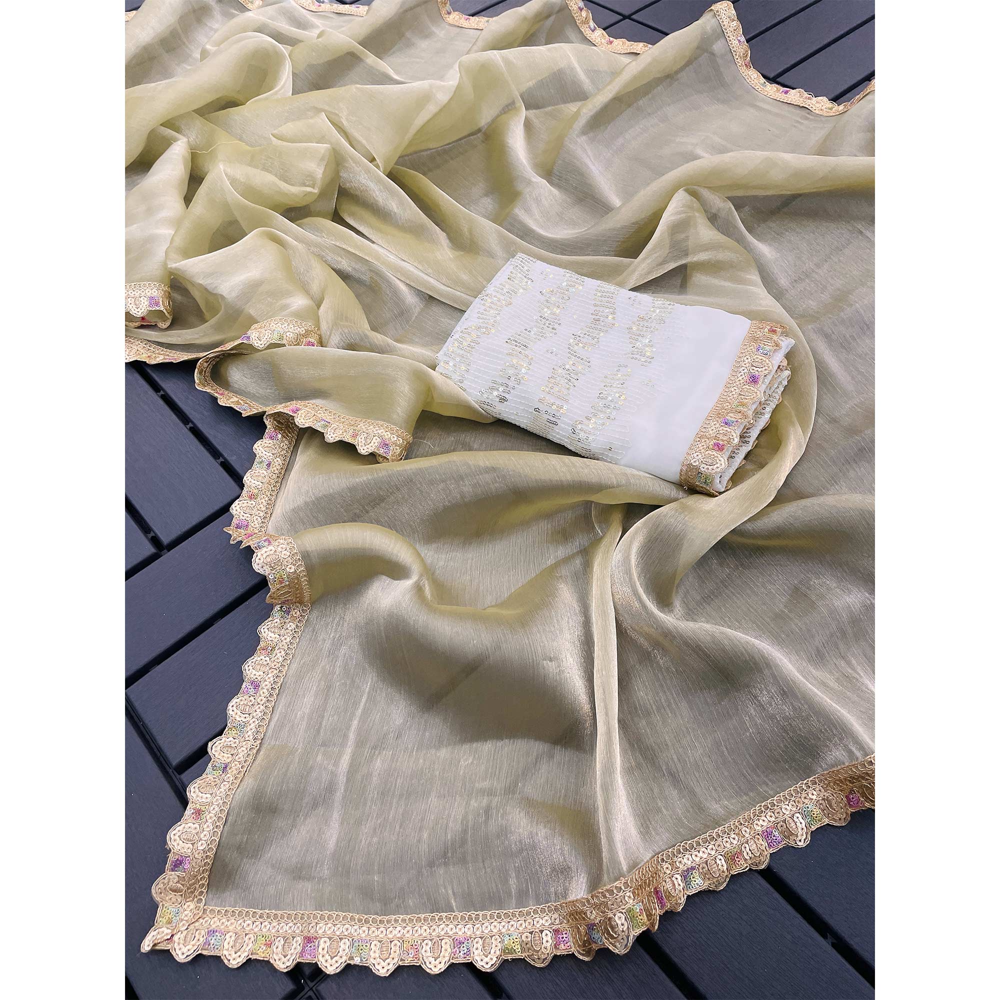 Chikoo Solid Satin Burberry Saree With Sparkling Sequins Embroidered Lace Border