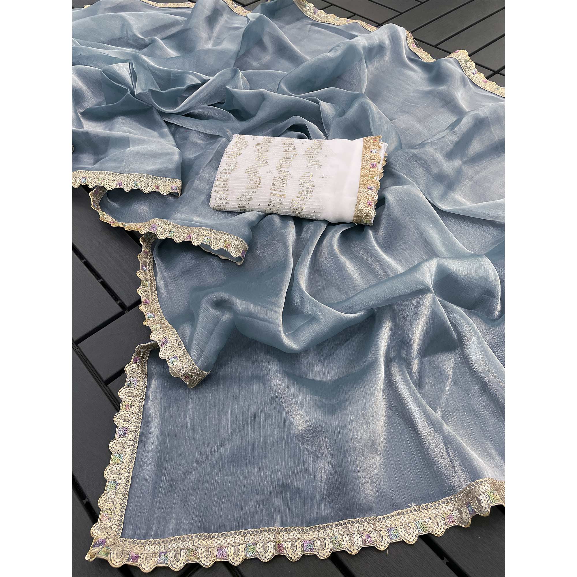 Grey Solid Satin Burberry Saree With Sparkling Sequins Embroidered Lace Border