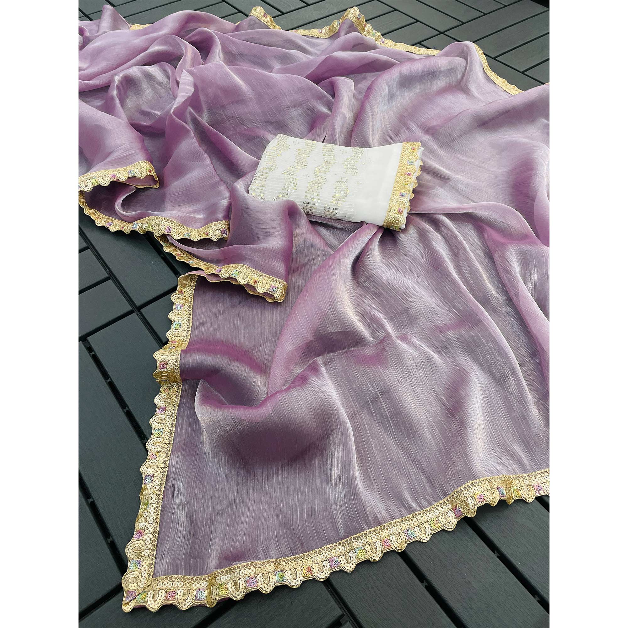 Lavender Solid Satin Burberry Saree With Sparkling Sequins Embroidered Lace Border