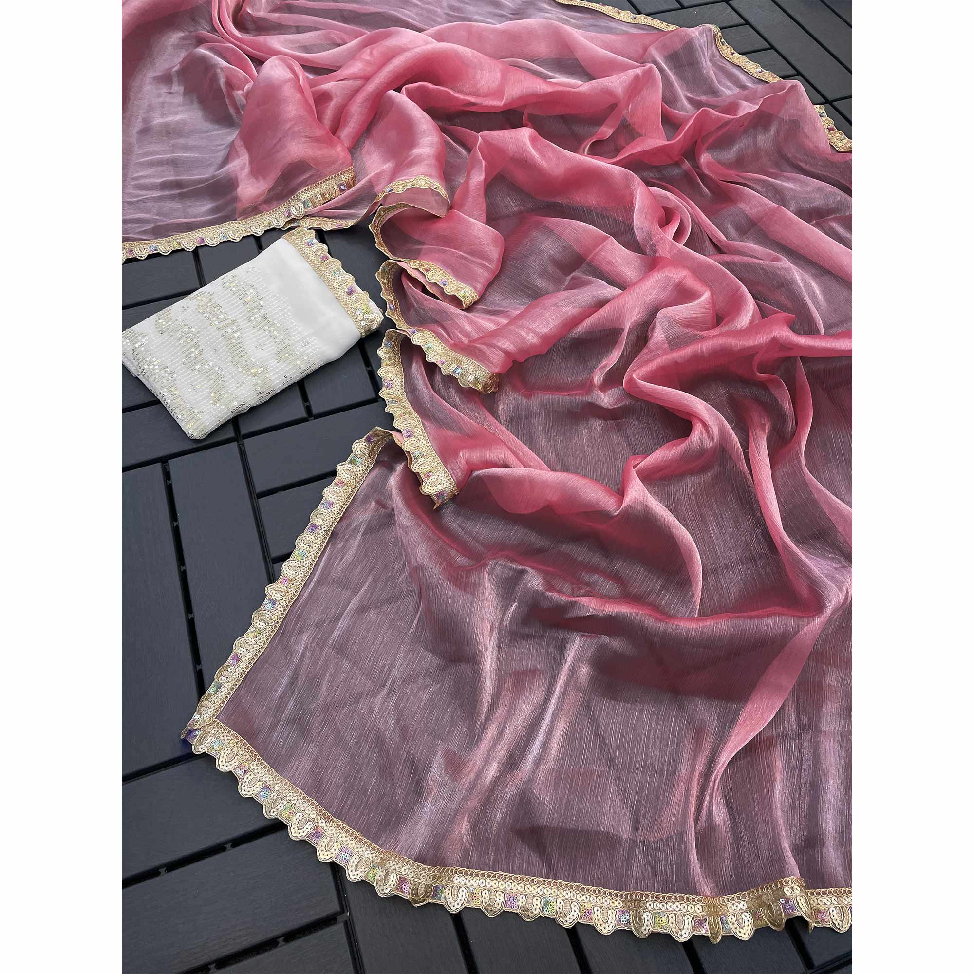 Pink Solid Satin Burberry Saree With Sparkling Sequins Embroidered Lace Border