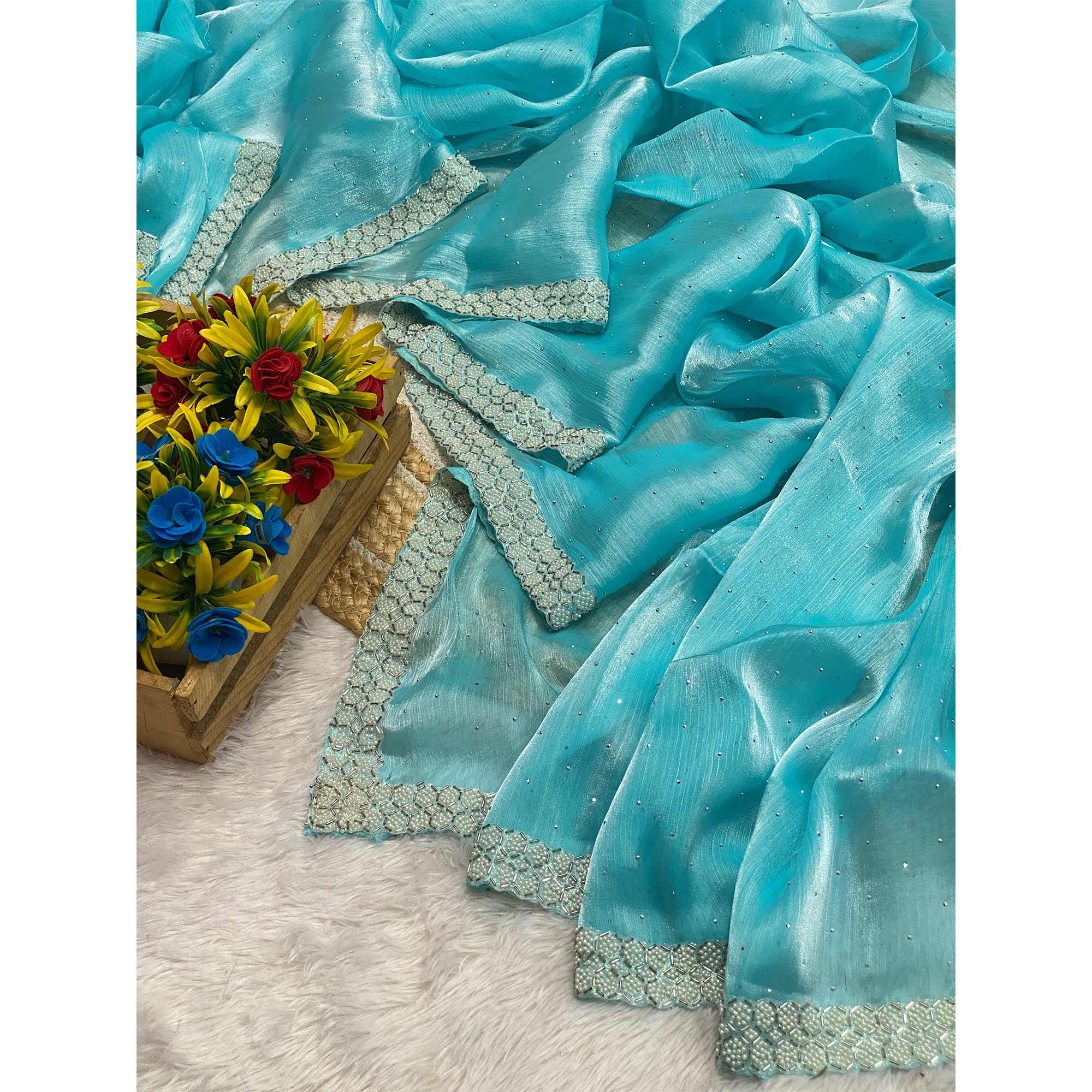 Blue Satin Burberry Saree Adorned With Sparkling Swarovski & Elegant Moti Work Border