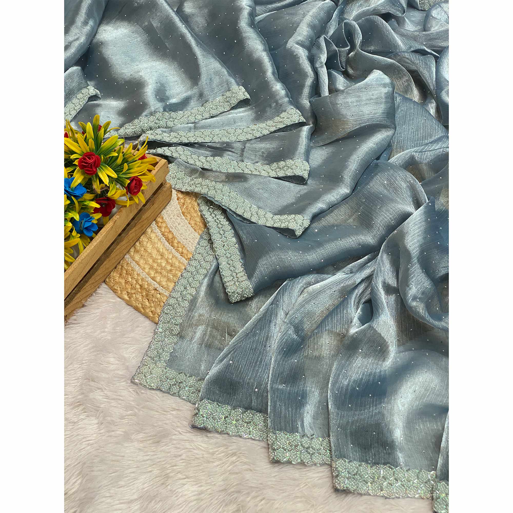 Grey Satin Burberry Saree Adorned With Sparkling Swarovski & Elegant Moti Work Border