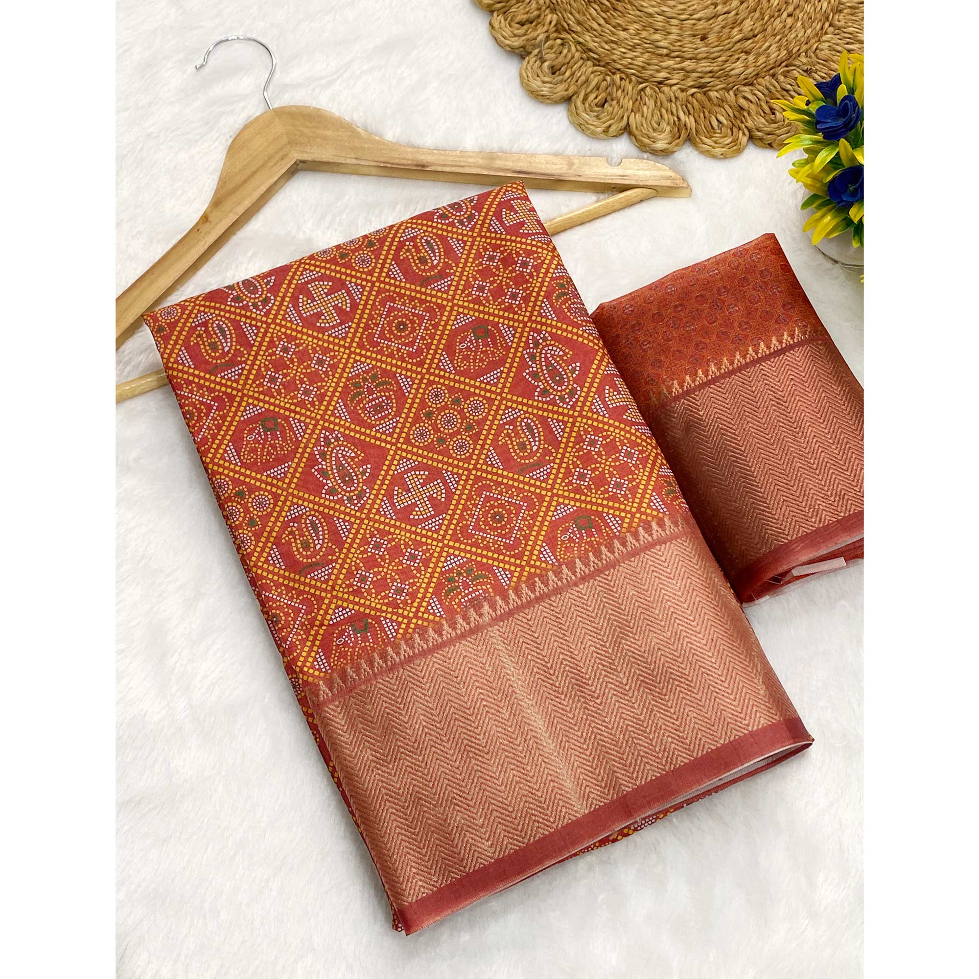 Light Brown Dola Silk Saree Featuring Traditional Patan Patola Print
