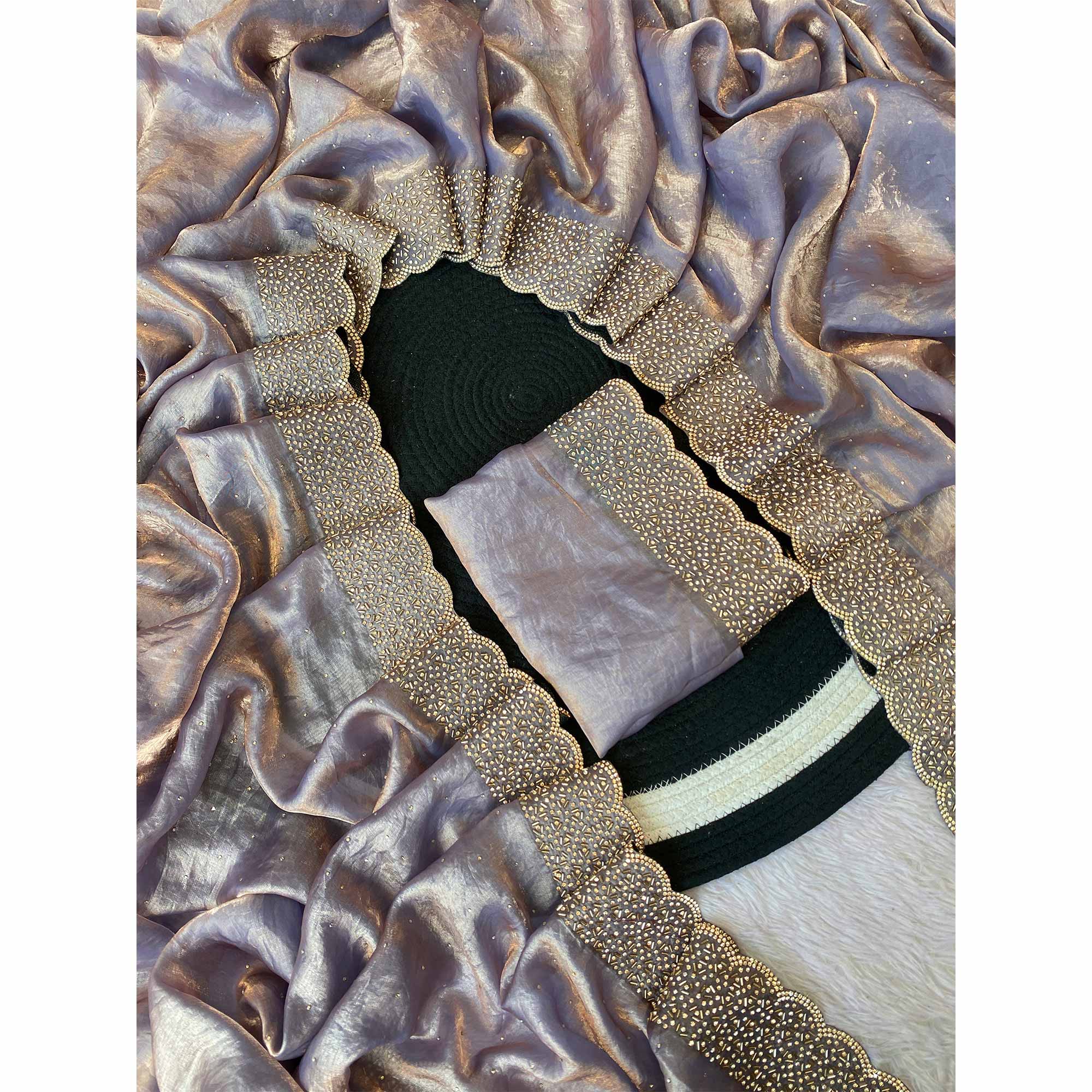 Lavender Fandy Satin Saree Featuring Intricate Swarovski Work & Decorative Zarkan Border