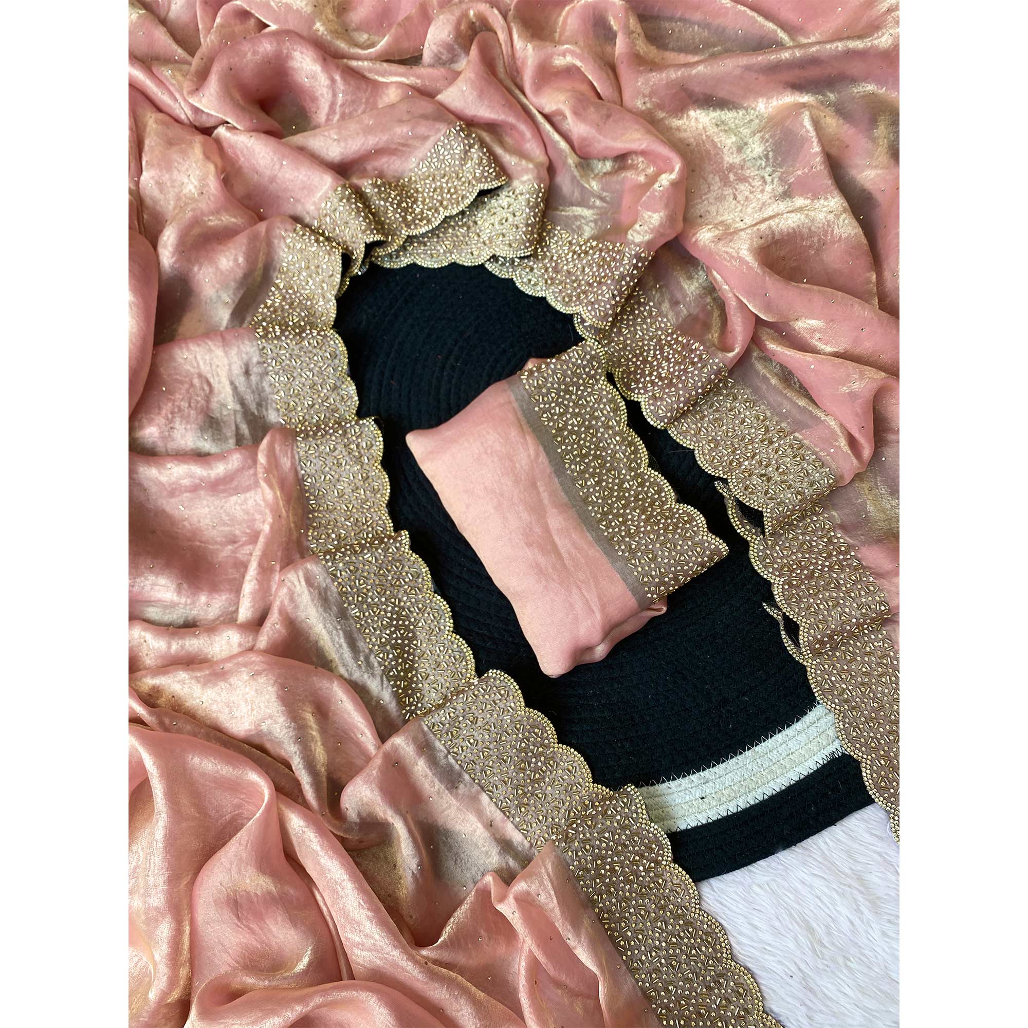 Pink Fandy Satin Saree Featuring Intricate Swarovski Work & Decorative Zarkan Border