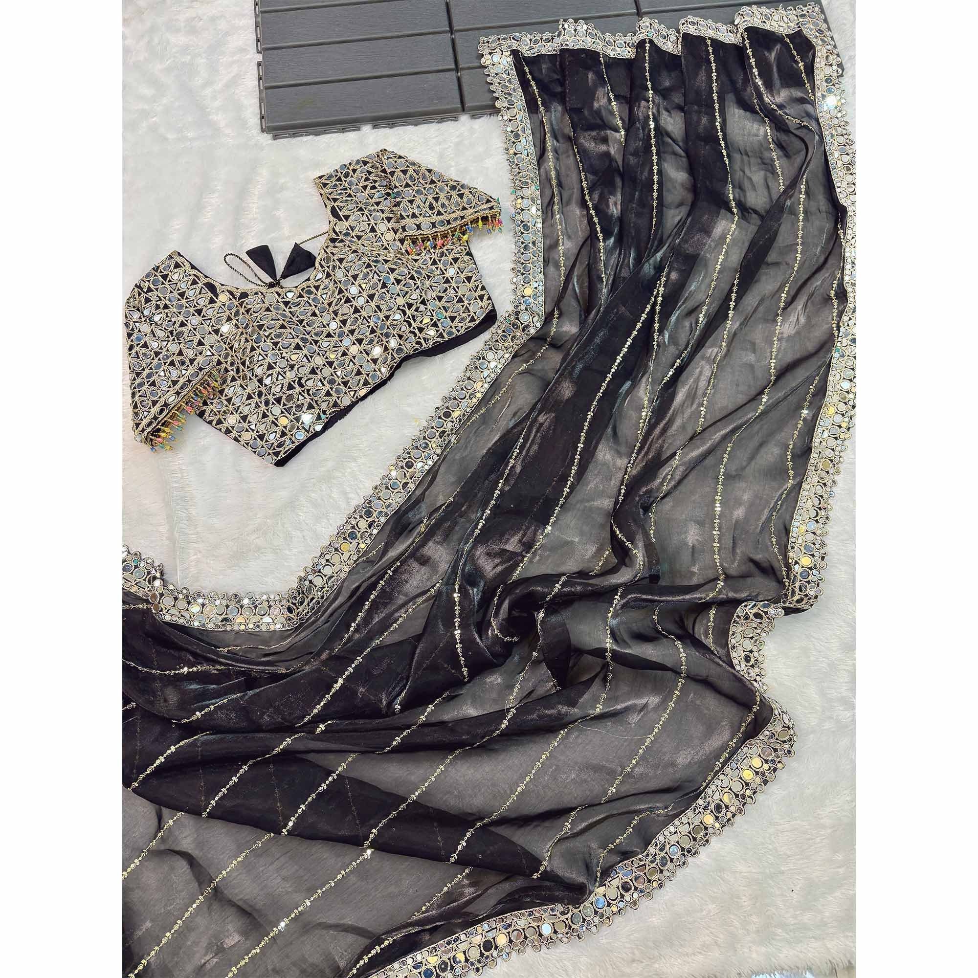 Black Jimmy Choo Satin Saree Adorned With Sequins Embroidery & Mirror Accents