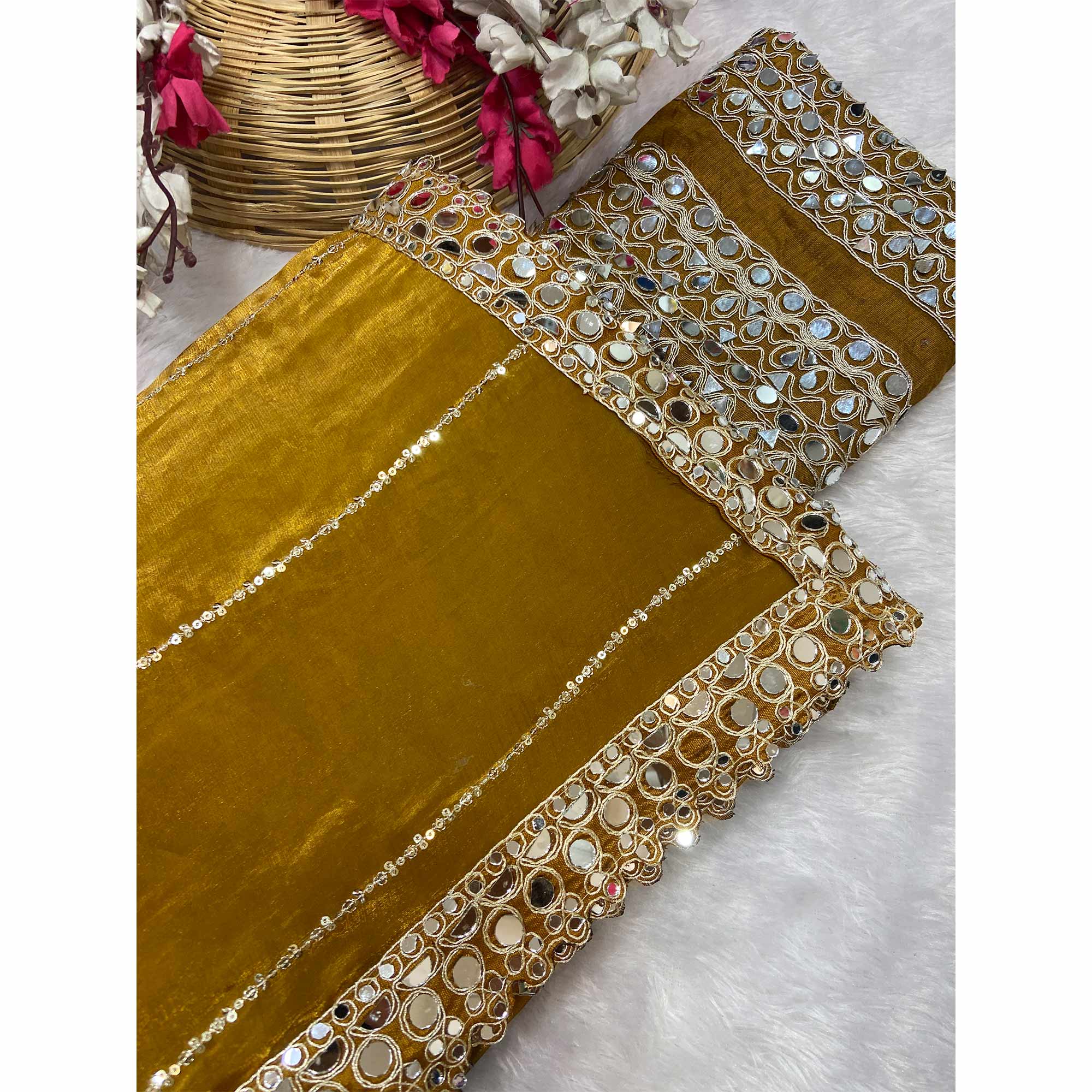 Gold Jimmy Choo Satin Saree Adorned With Sequins Embroidery & Mirror Accents