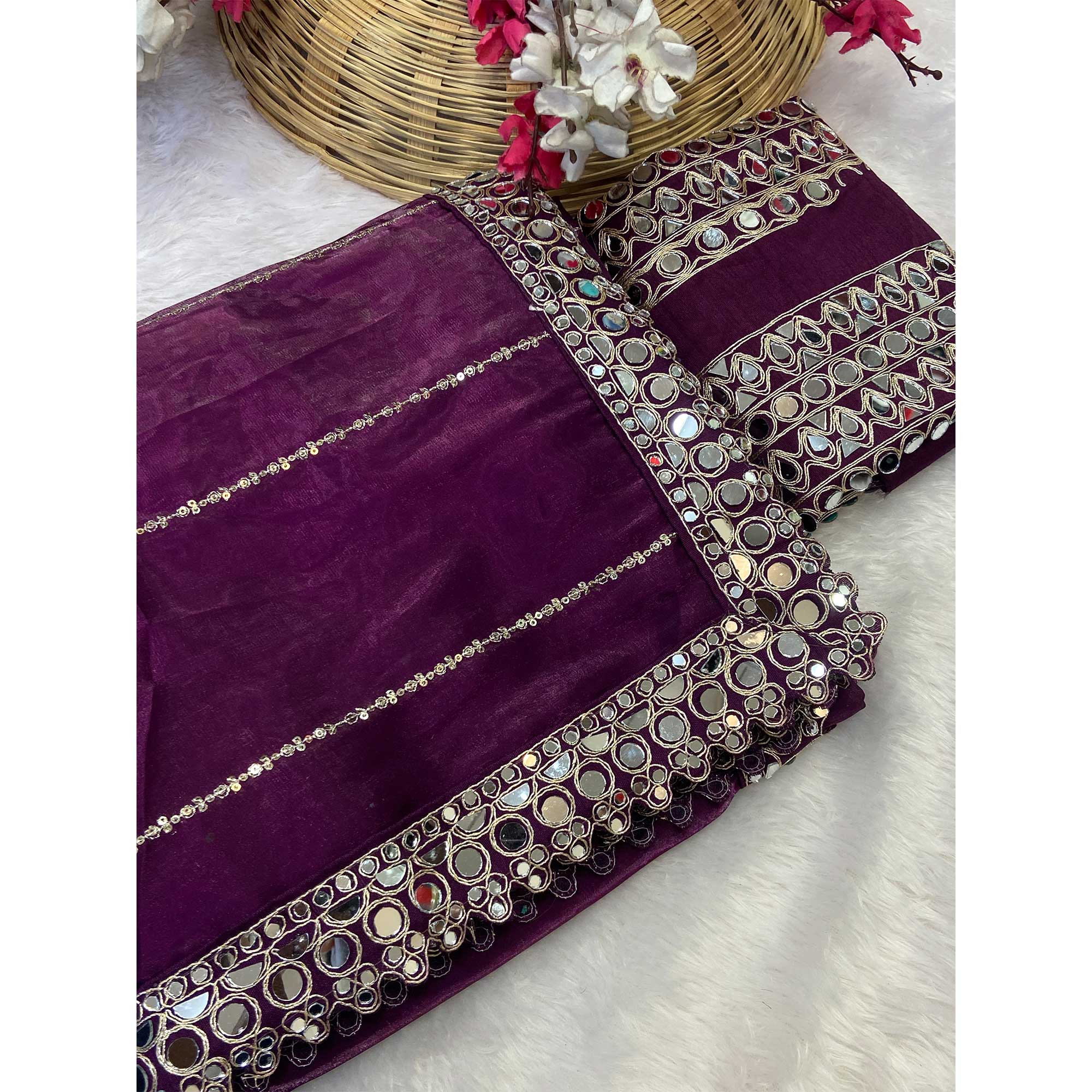 Wine Jimmy Choo Satin Saree Adorned With Sequins Embroidery & Mirror Accents