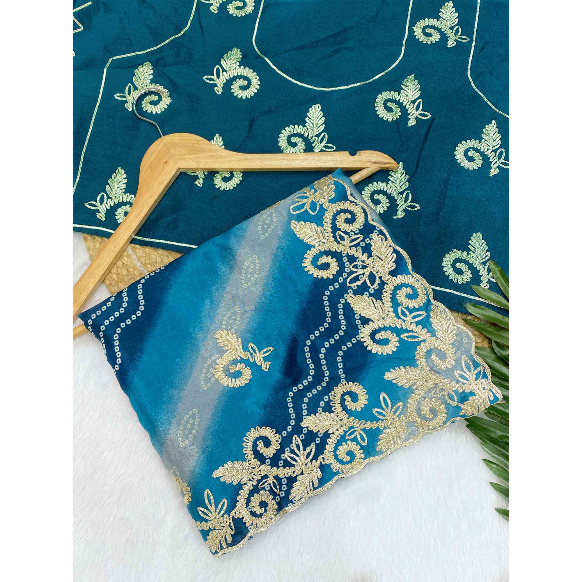 Blue Chinon Saree With Timeless Bandhani Print & Exquisite Gota Patti Embroidery