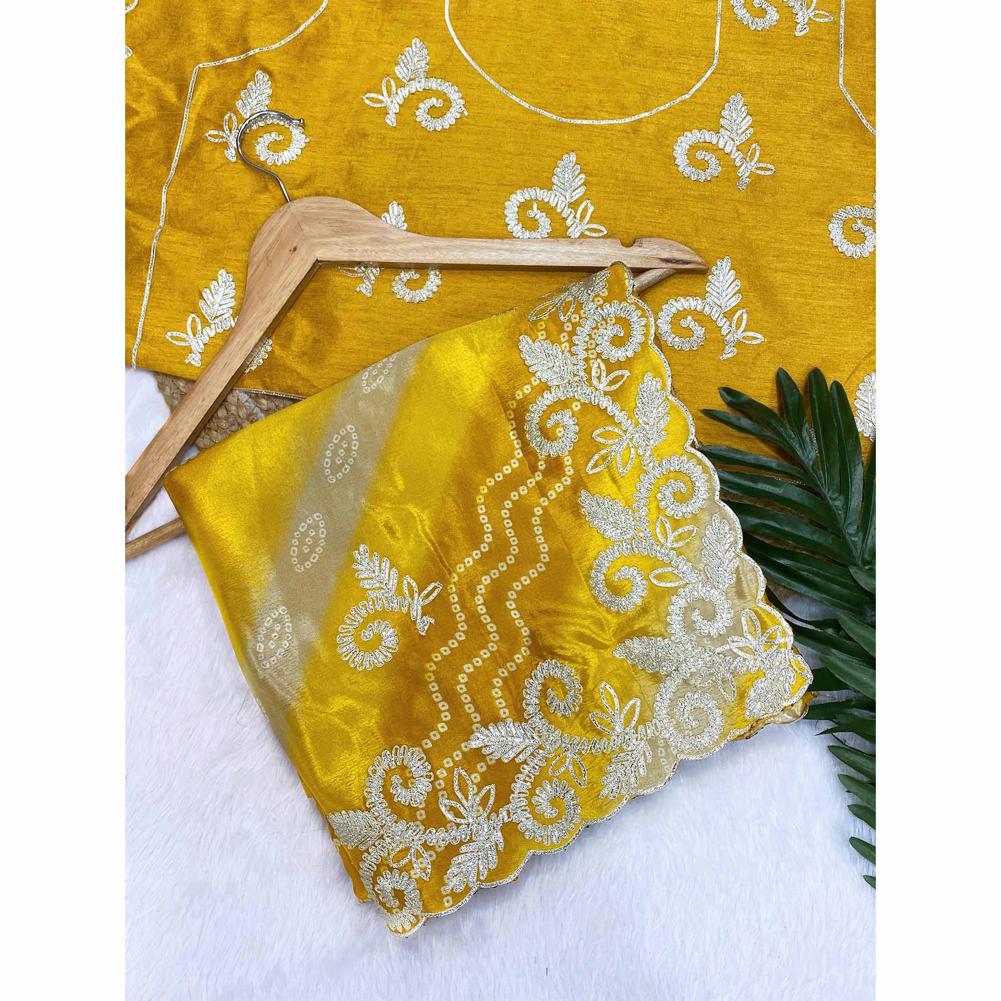 Mustard Chinon Saree With Timeless Bandhani Print & Exquisite Gota Patti Embroidery