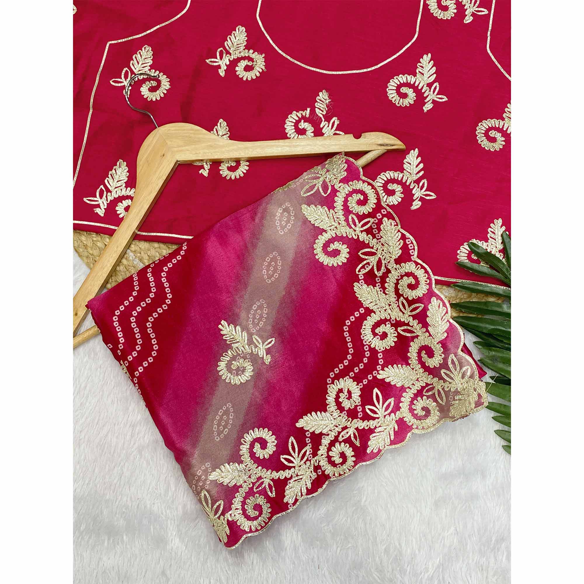 Pink Chinon Saree With Timeless Bandhani Print & Exquisite Gota Patti Embroidery