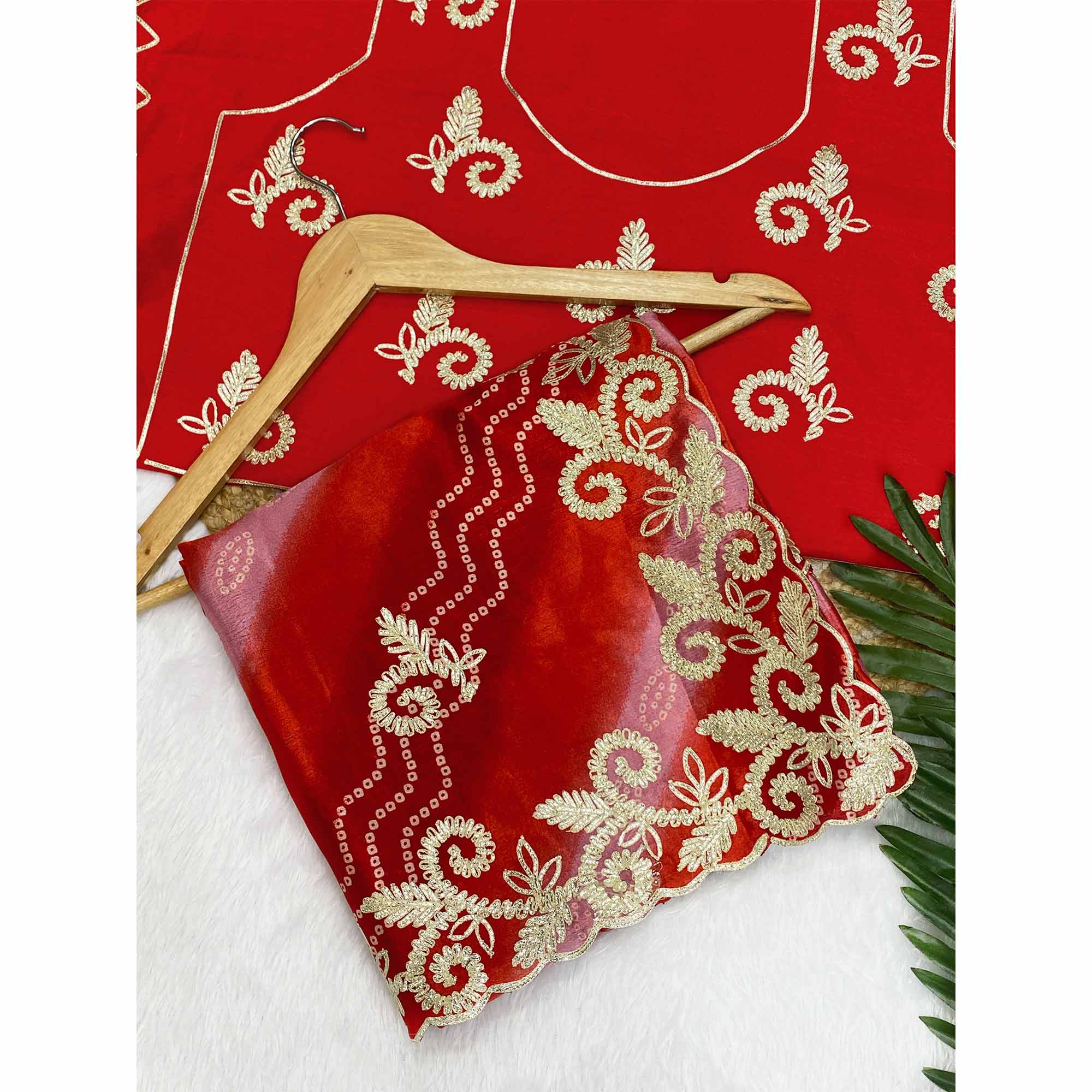 Red Chinon Saree With Timeless Bandhani Print & Exquisite Gota Patti Embroidery