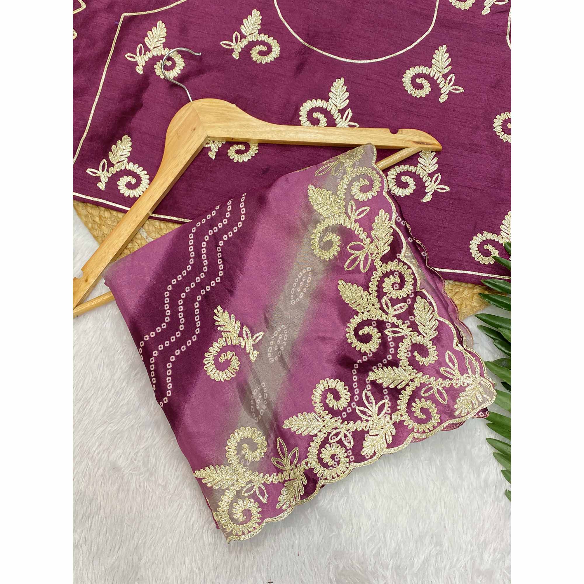 Wine Chinon Saree With Timeless Bandhani Print & Exquisite Gota Patti Embroidery