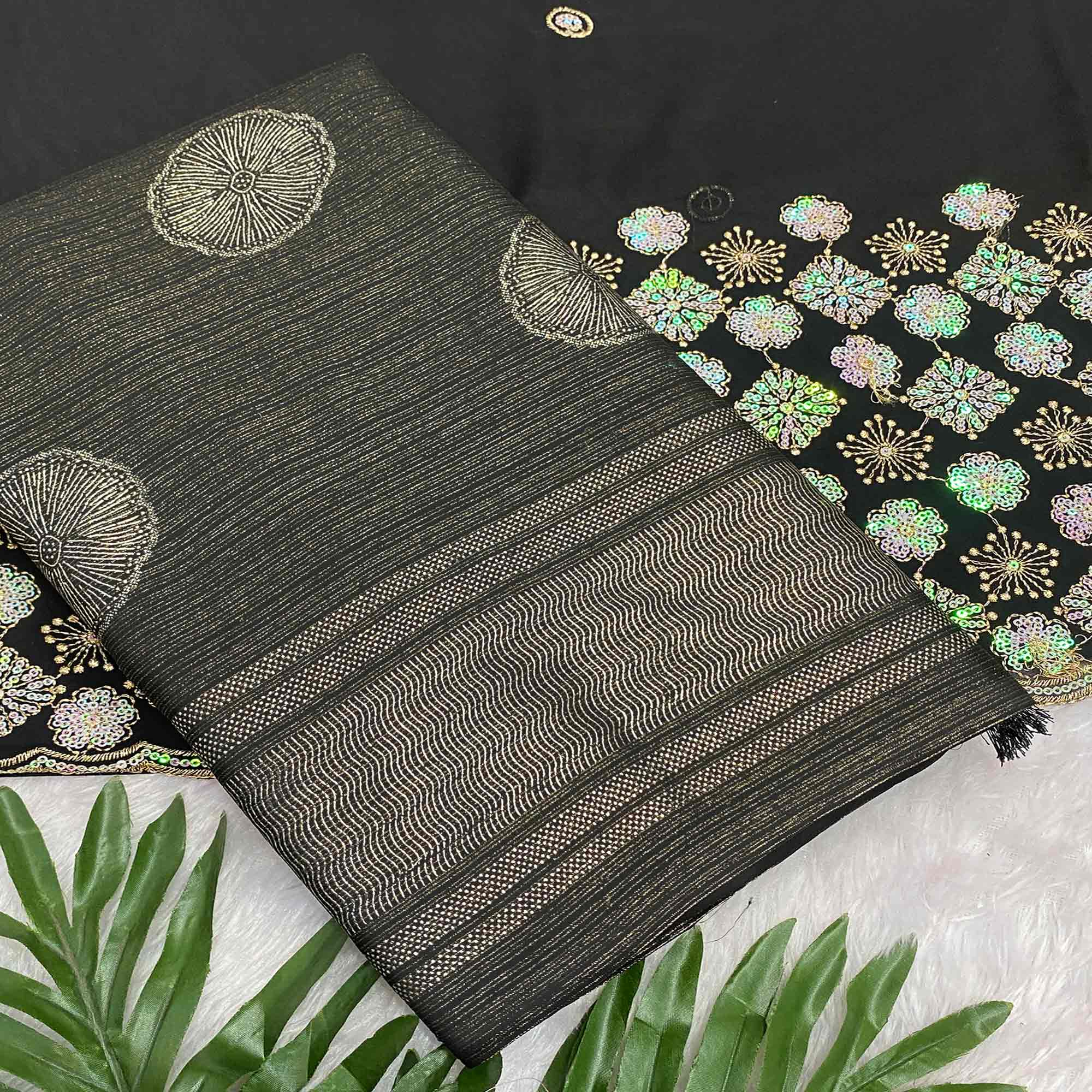 Black Georgette Saree With Shimmering Floral Foil Print & Tassel Accented Pallu