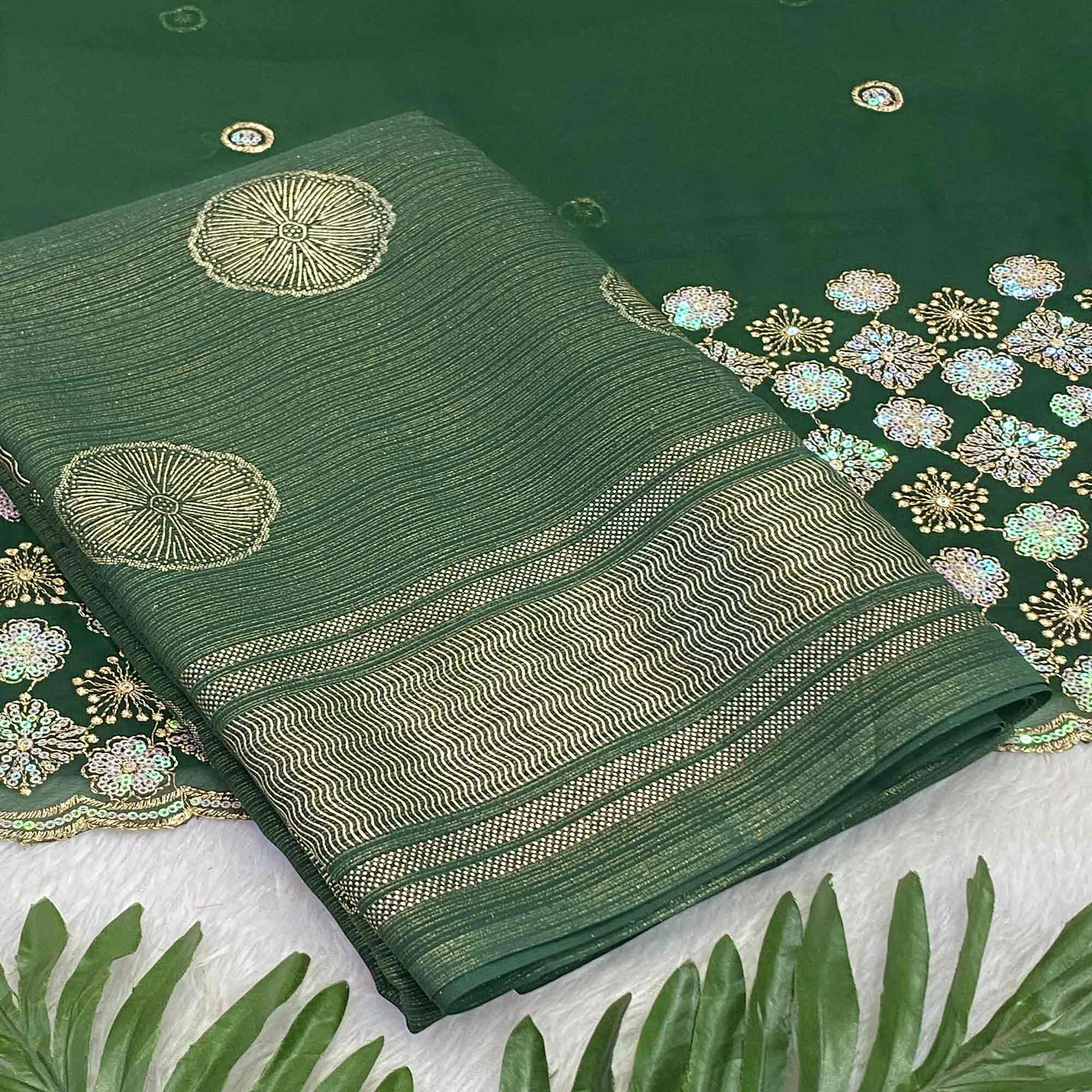 Green Georgette Saree With Shimmering Floral Foil Print & Tassel Accented Pallu