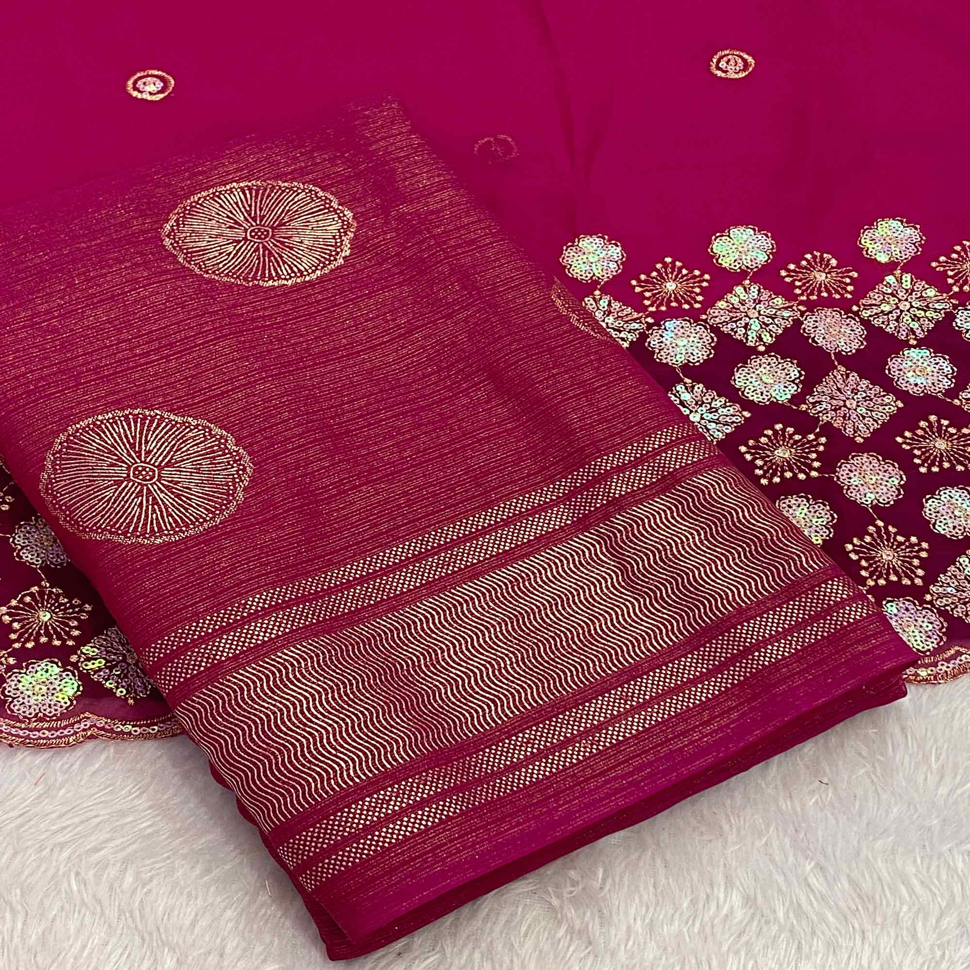Pink Georgette Saree With Shimmering Floral Foil Print & Tassel Accented Pallu