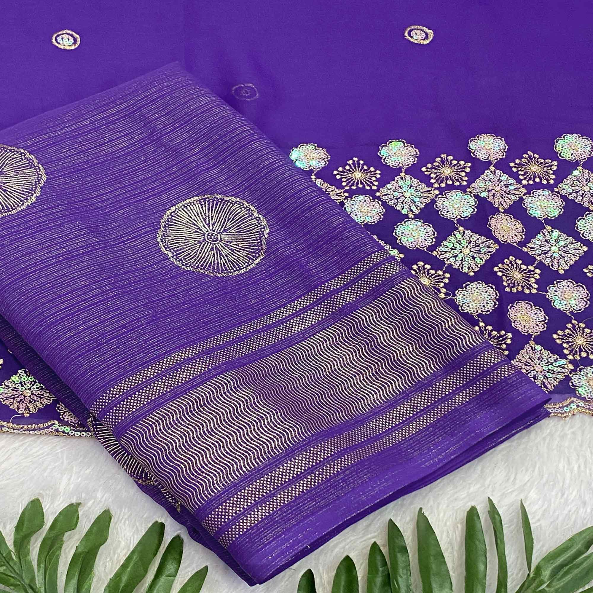Purple Georgette Saree With Shimmering Floral Foil Print & Tassel Accented Pallu