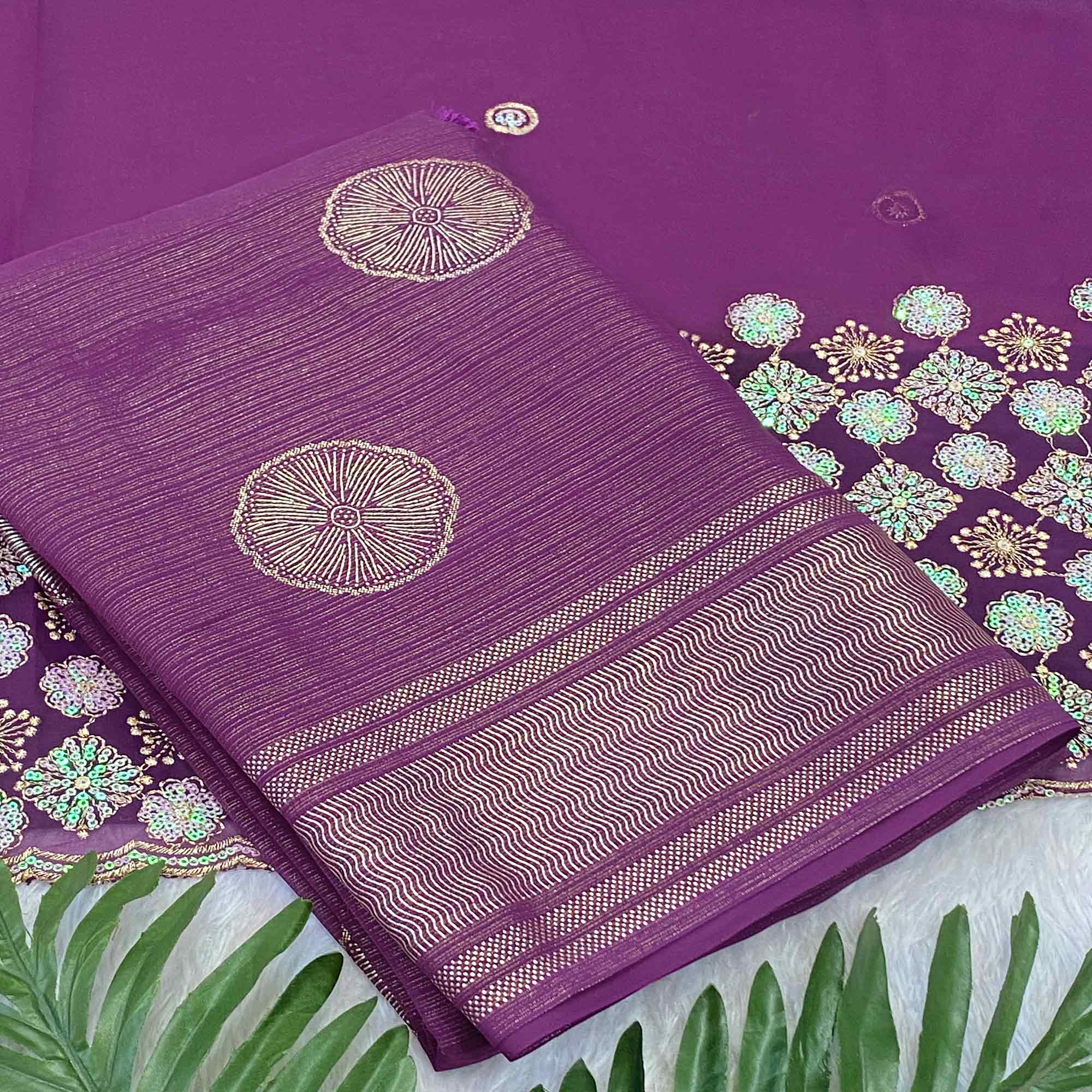 Wine Georgette Saree With Shimmering Floral Foil Print & Tassel Accented Pallu