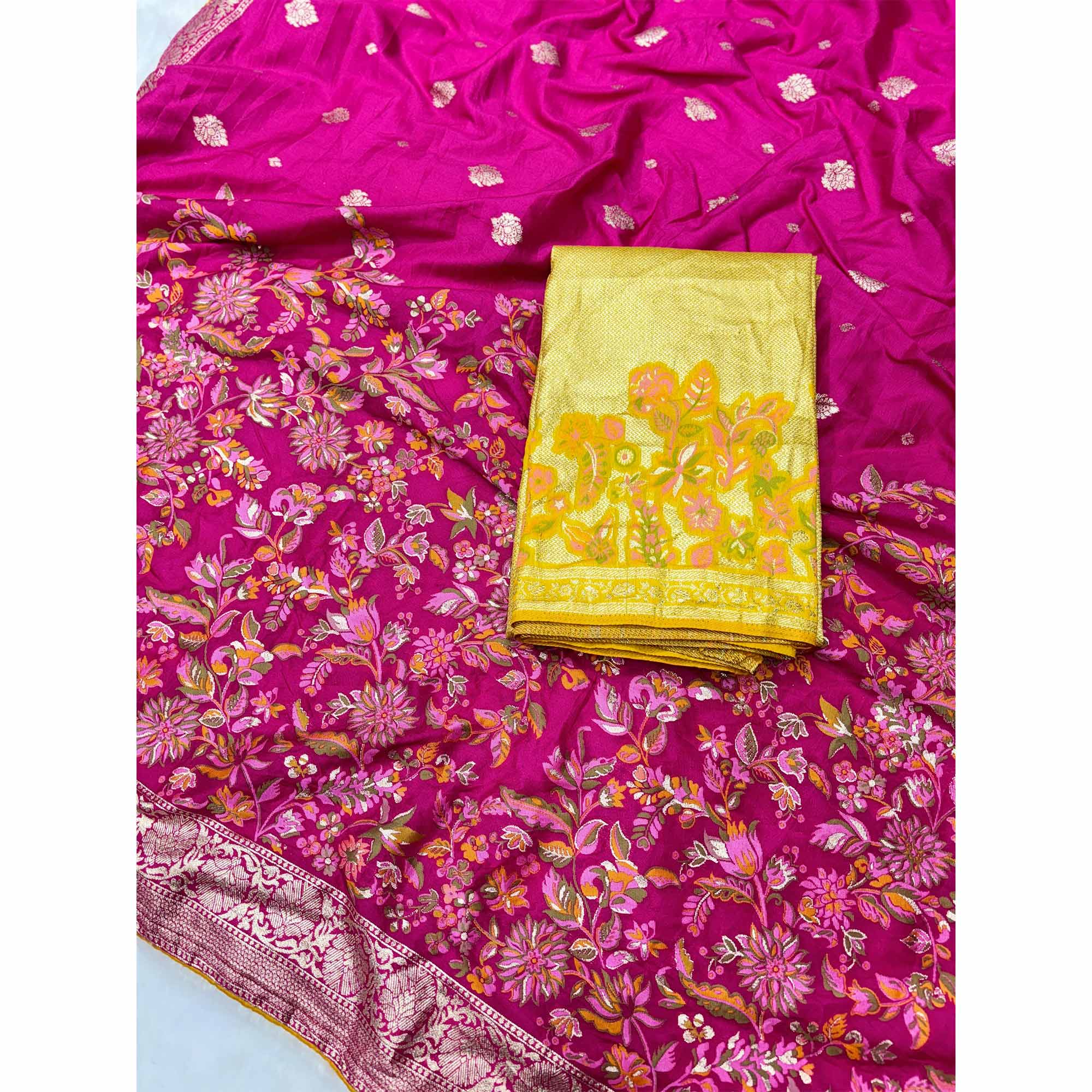 Pink Floral Zari Woven Dola Silk Saree For A Timeless Ethnic Look