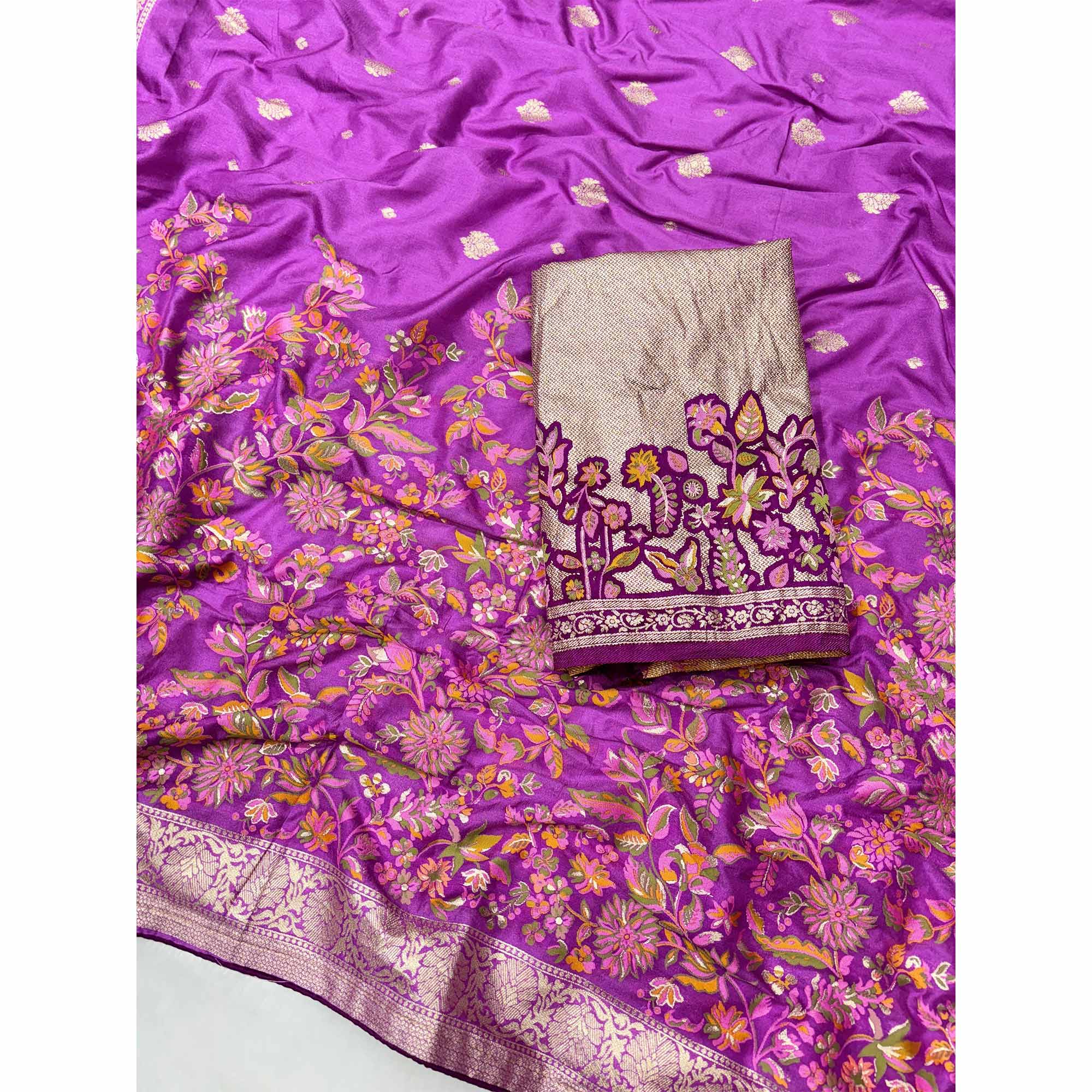 Purplish Pink Floral Zari Woven Dola Silk Saree For A Timeless Ethnic Look