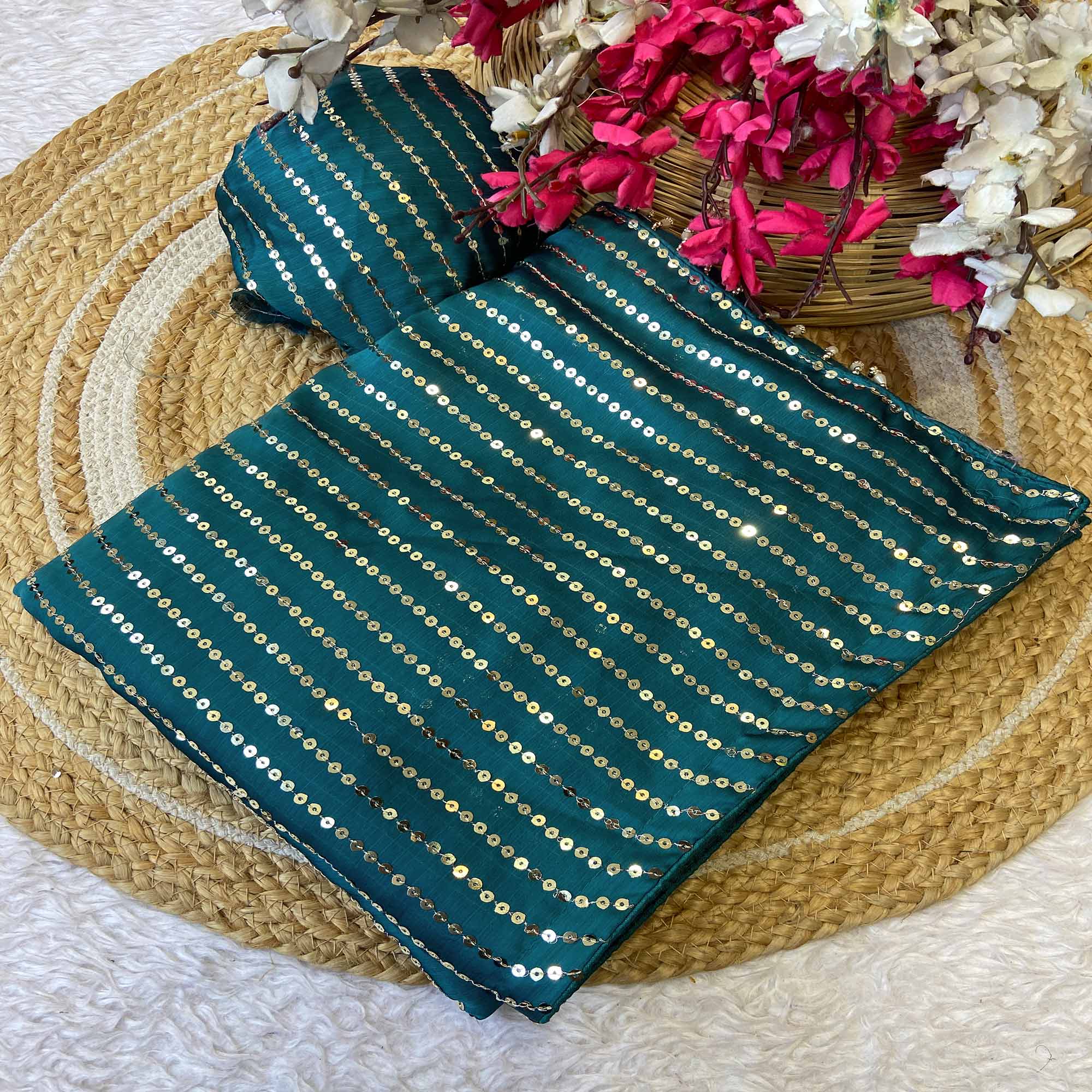 Blue Satin Saree With Shimmering Striped Sequins Embroidered Detailing