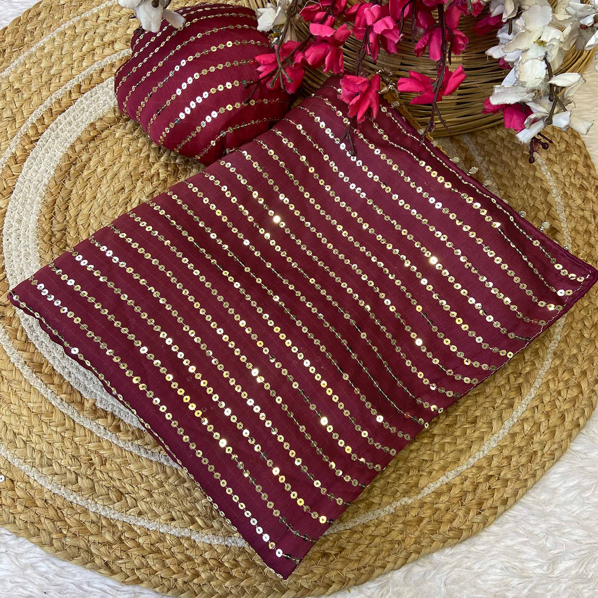 Maroon Satin Saree With Shimmering Striped Sequins Embroidered Detailing