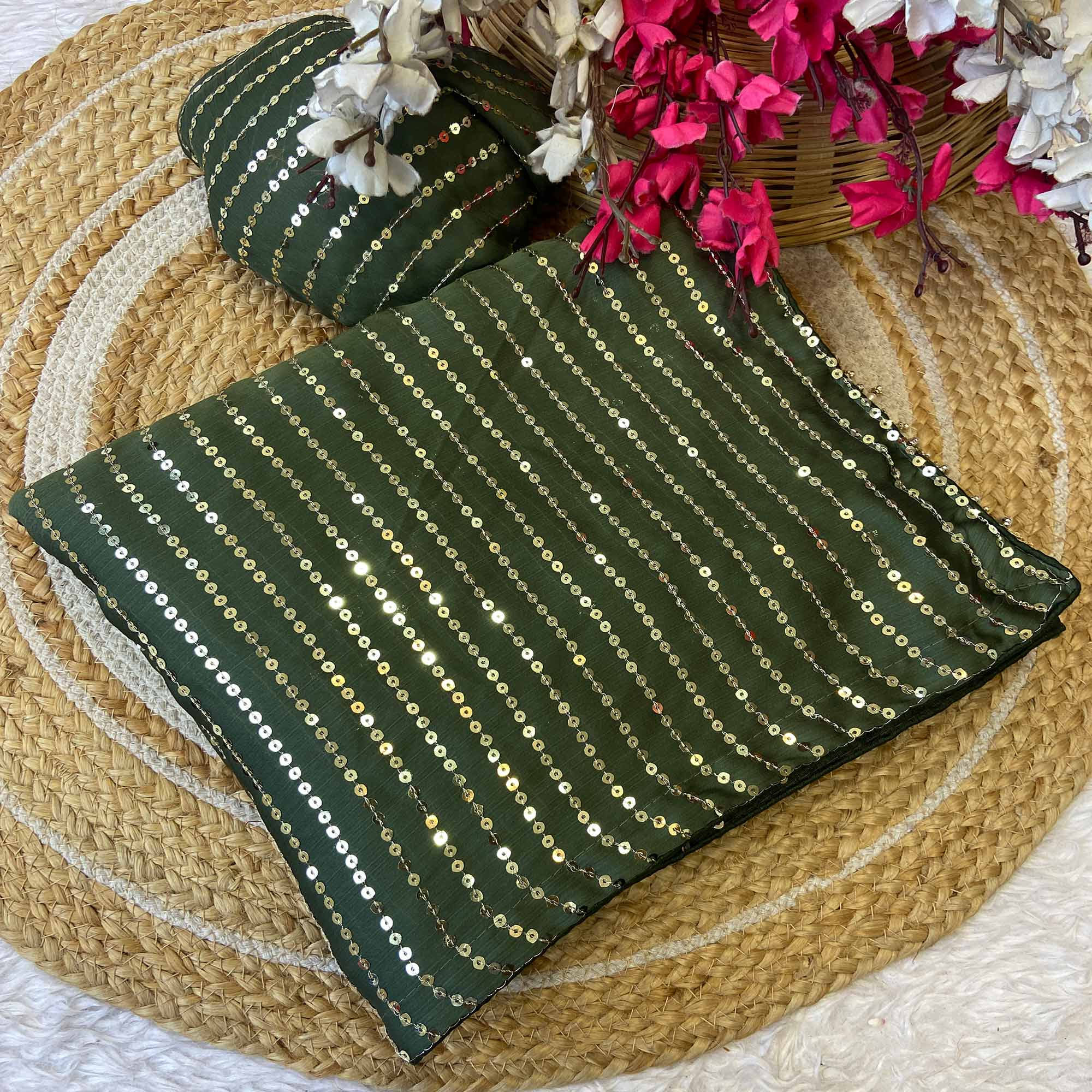 Mehendi Green Satin Saree With Shimmering Striped Sequins Embroidered Detailing