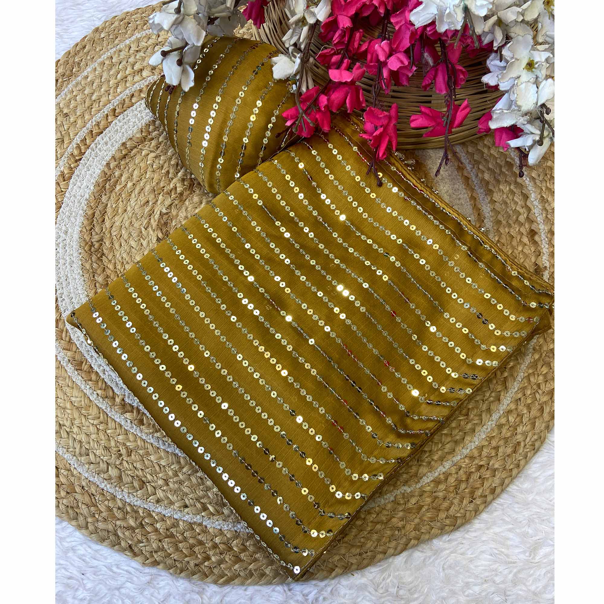 Mustard Satin Saree With Shimmering Striped Sequins Embroidered Detailing