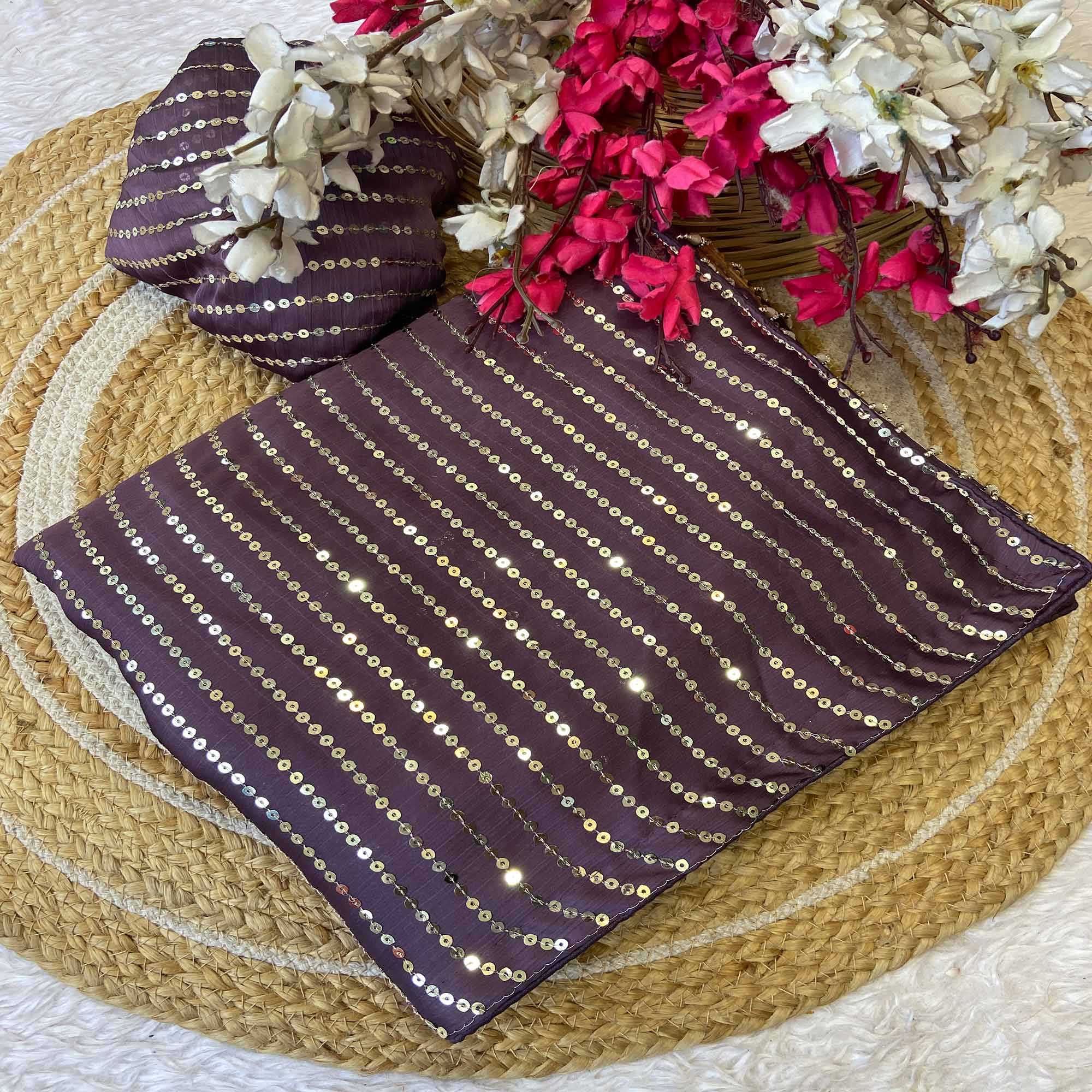 Purple Satin Saree With Shimmering Striped Sequins Embroidered Detailing