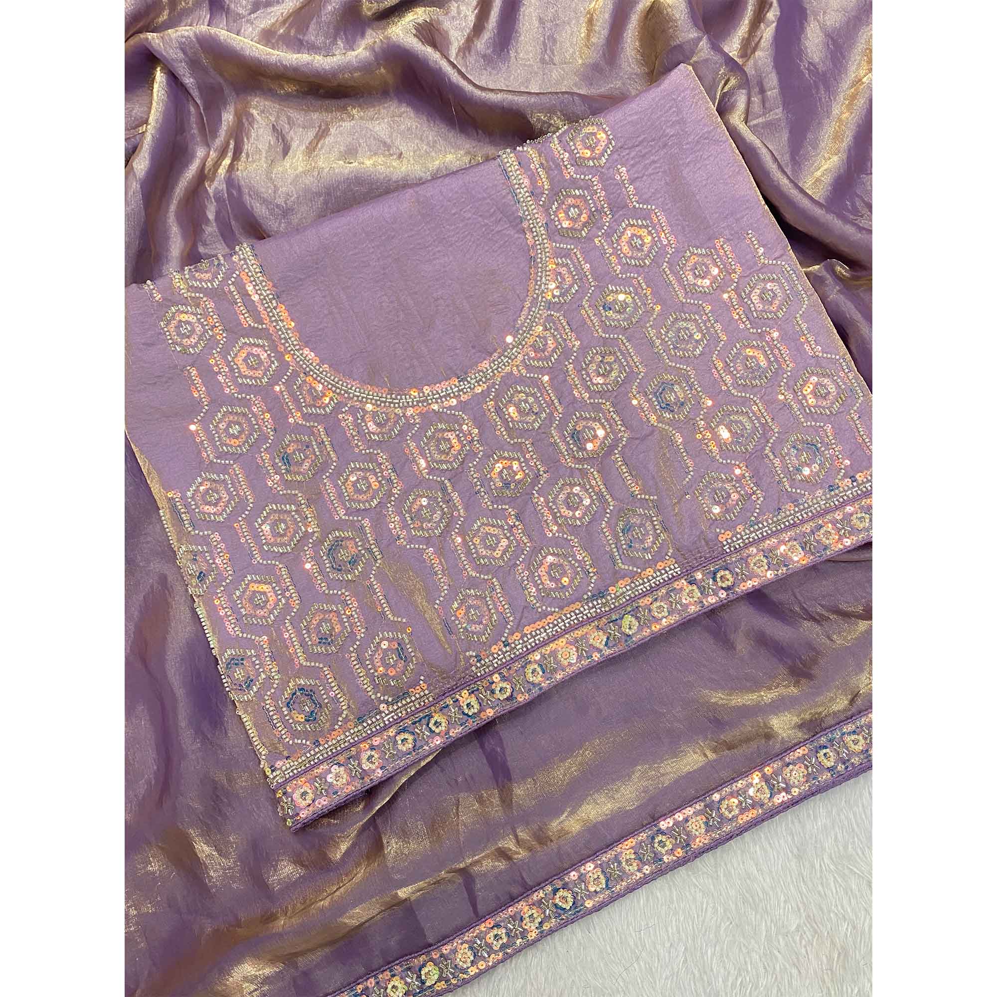 Lavender Satin Saree Featuring Detailed Beads & Sequins Embroidery For A Radiant Look