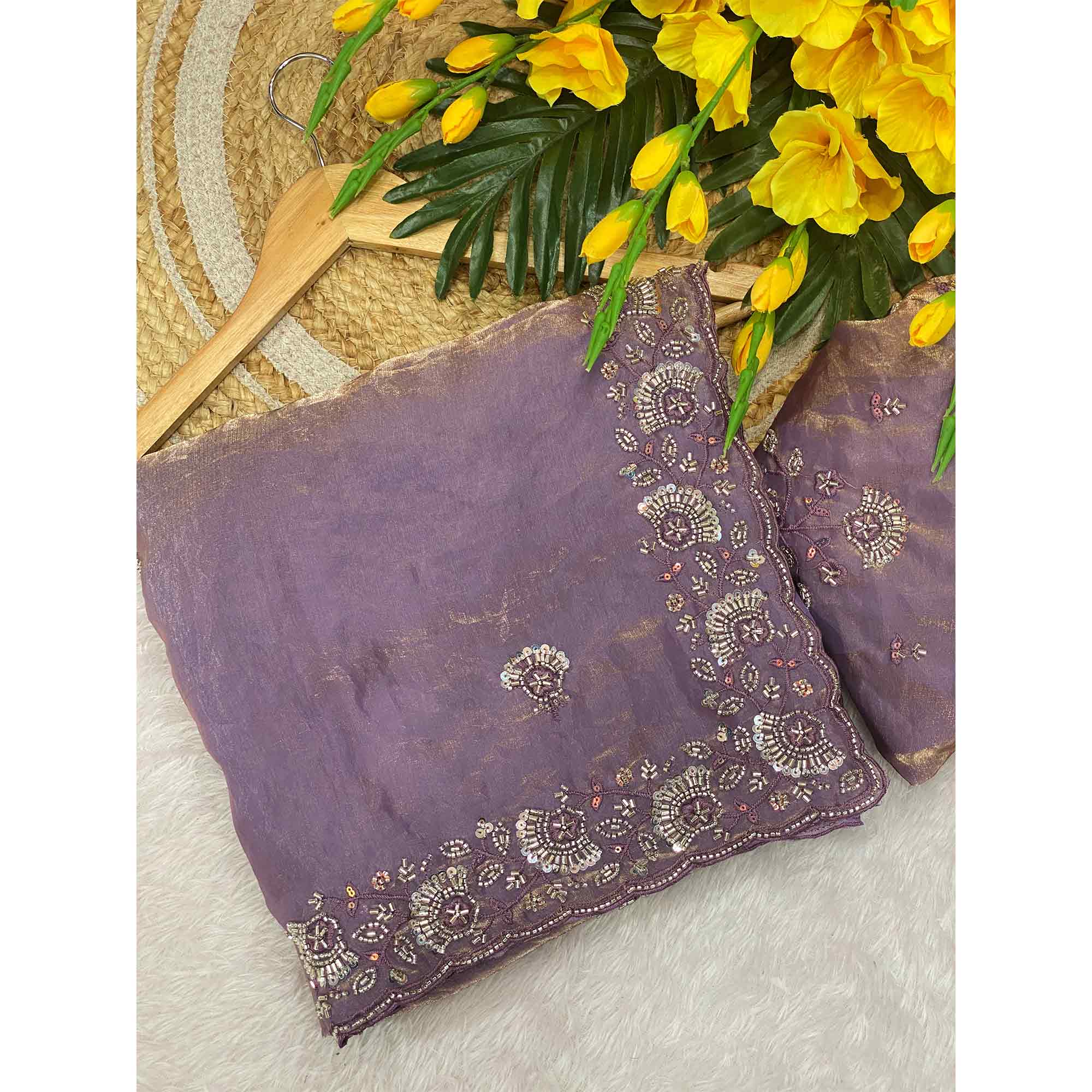 Lavender Satin Saree With Intricate Floral Beads & Cutdana With Sequins Embroidery Work