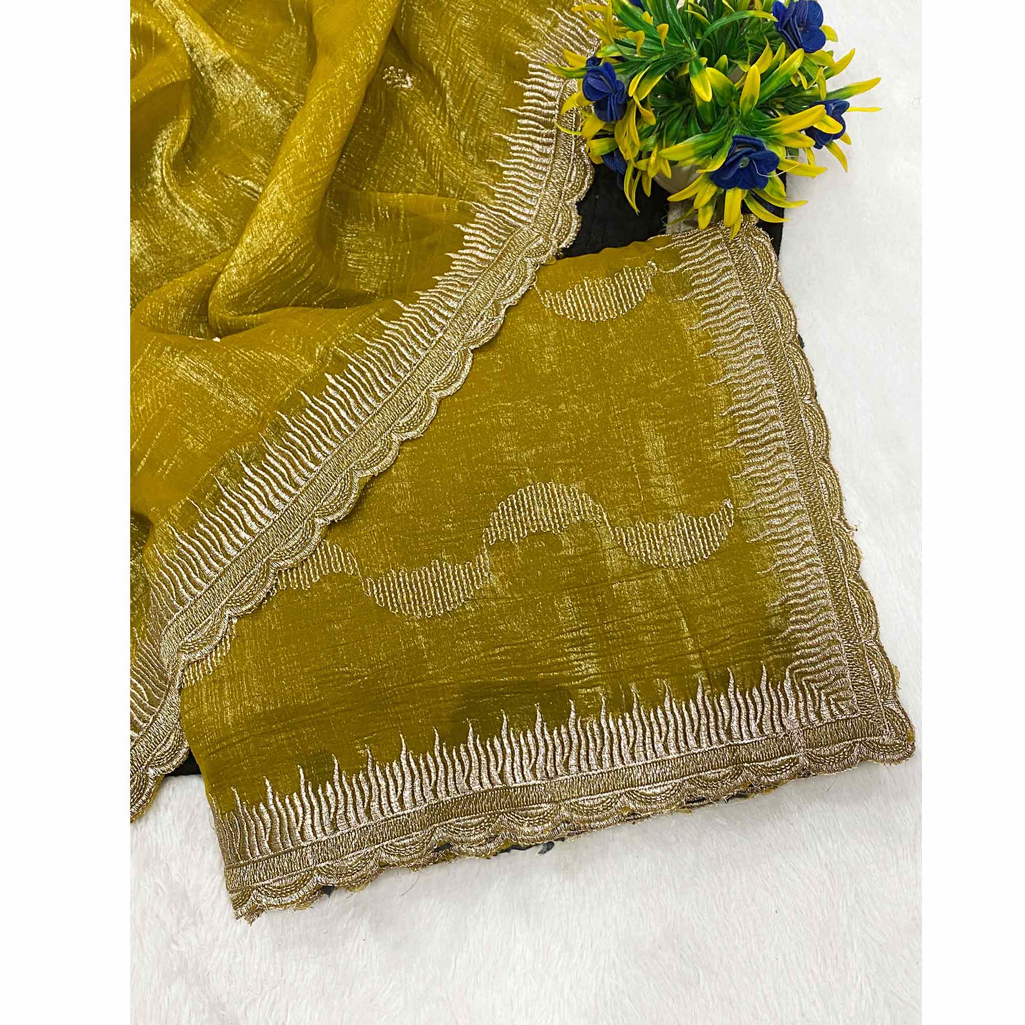 Mustard Crunchy Chiffon Silk Saree Delicate Thread Motifs Ethnic Elegance
