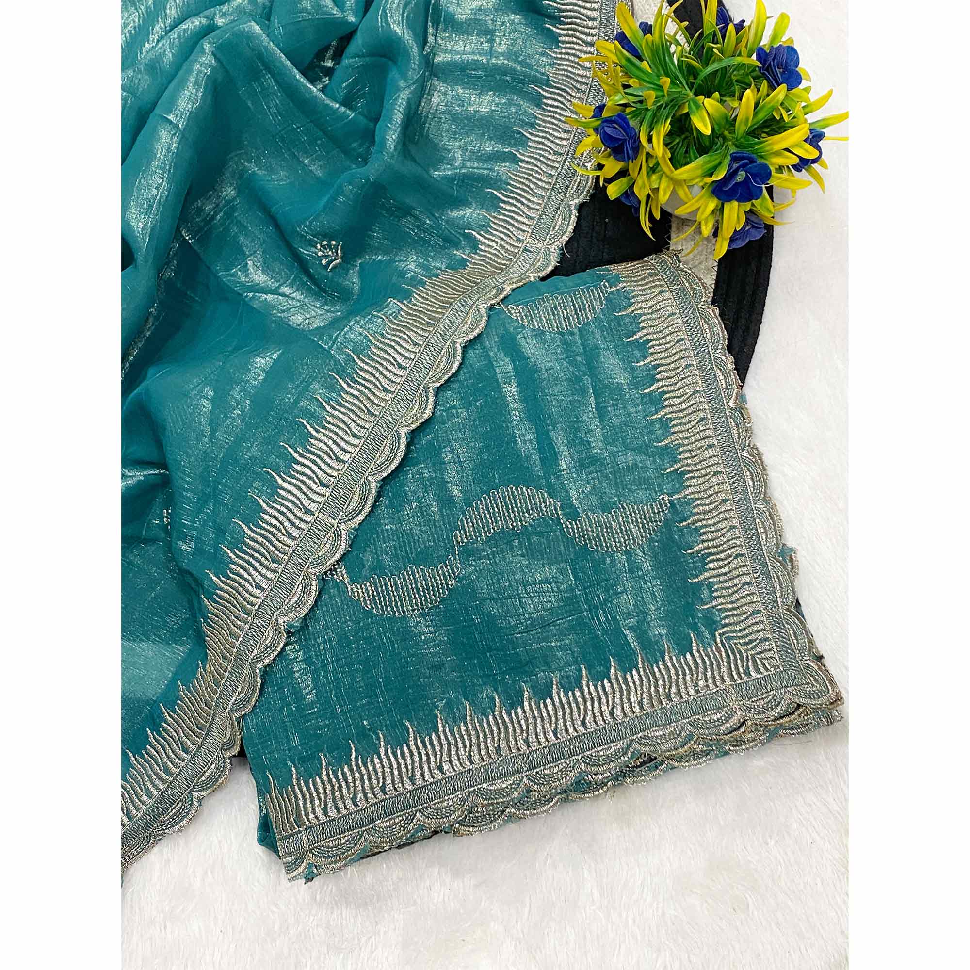Turquoise Crunchy Chiffon Silk Saree Delicate Thread Motifs Ethnic Elegance
